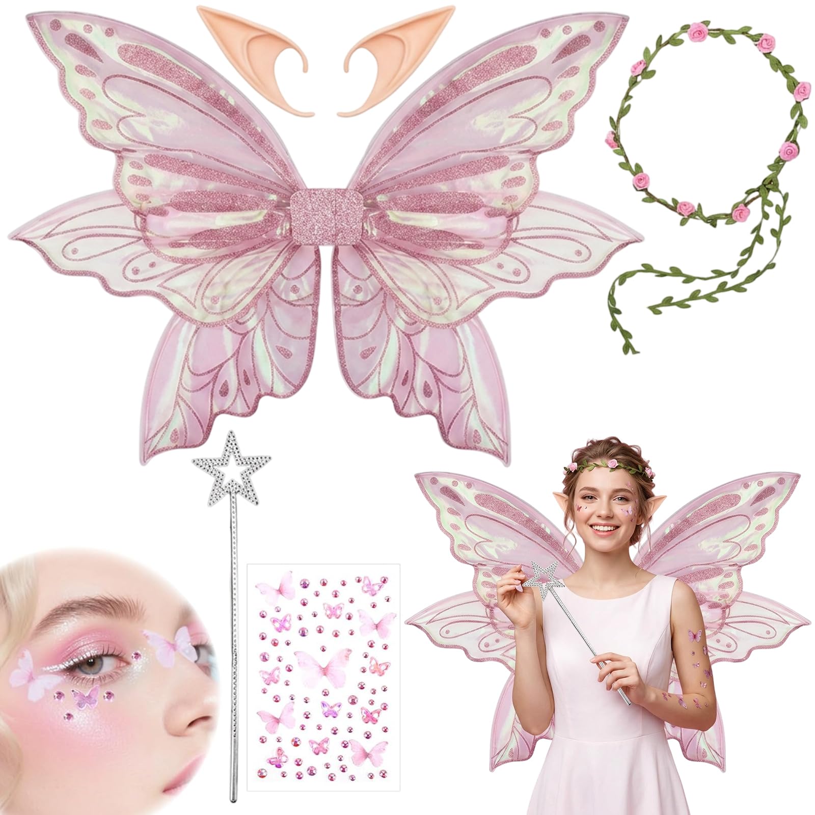 Fairy Wings, Halloween Costumes, 5 PCS Fairy Wings Adult Set with Pink Wings Elf Ears Flower Headband Star Wand & Butterfly Sticker, for Halloween Party & Parties Use by Those Aged 15 and Above