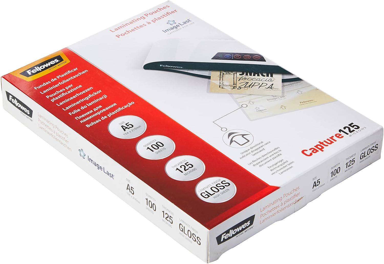 Fellowes Capture A5 125 Micron Glossy Laminating Pouches (Pack of 100)
