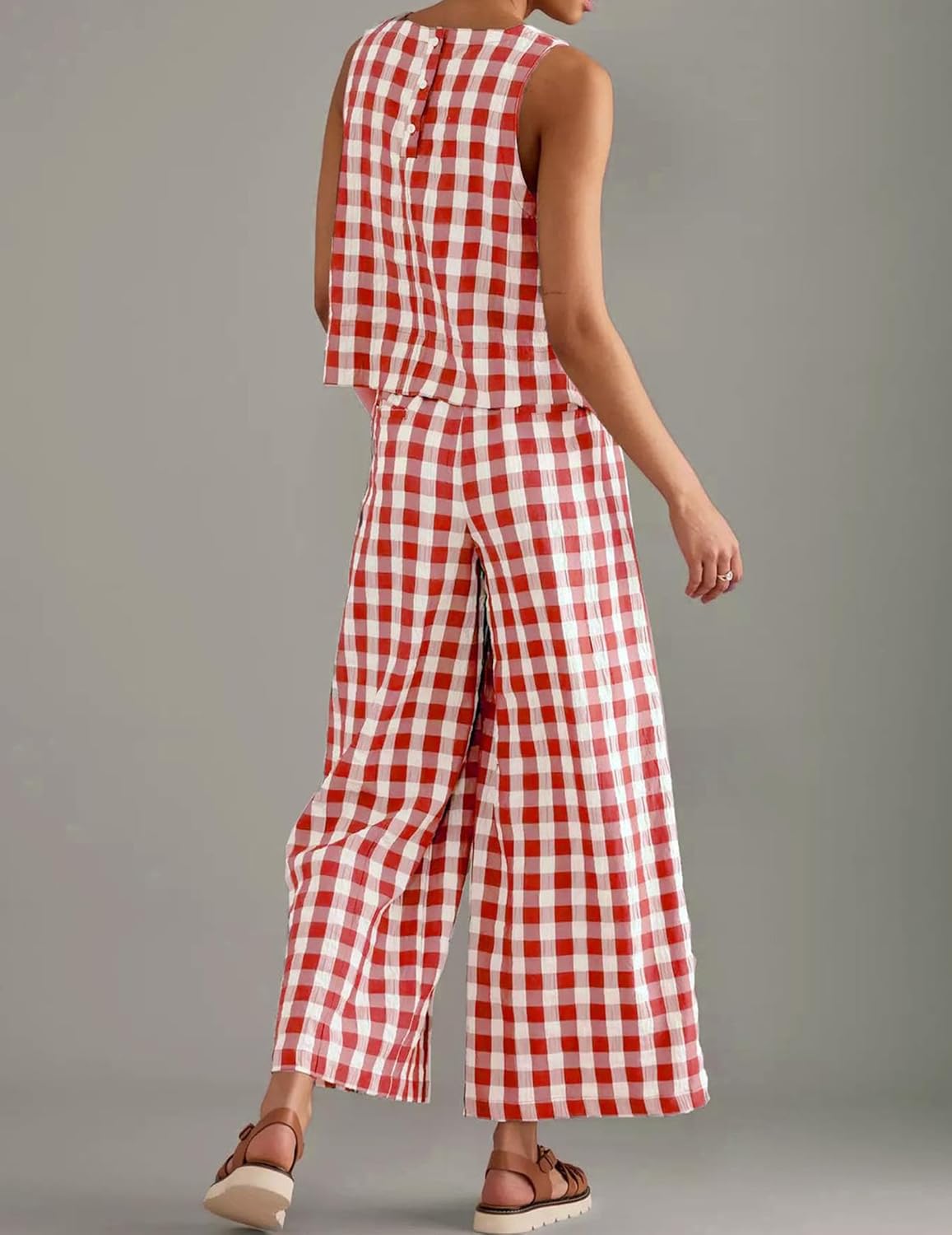 Womens 2 Piece Outfits Gingham Set Summer Cotton Plaid Pajamas Y2k Sleeveless Top Summer Wide Leg Pants Matching - Image 3