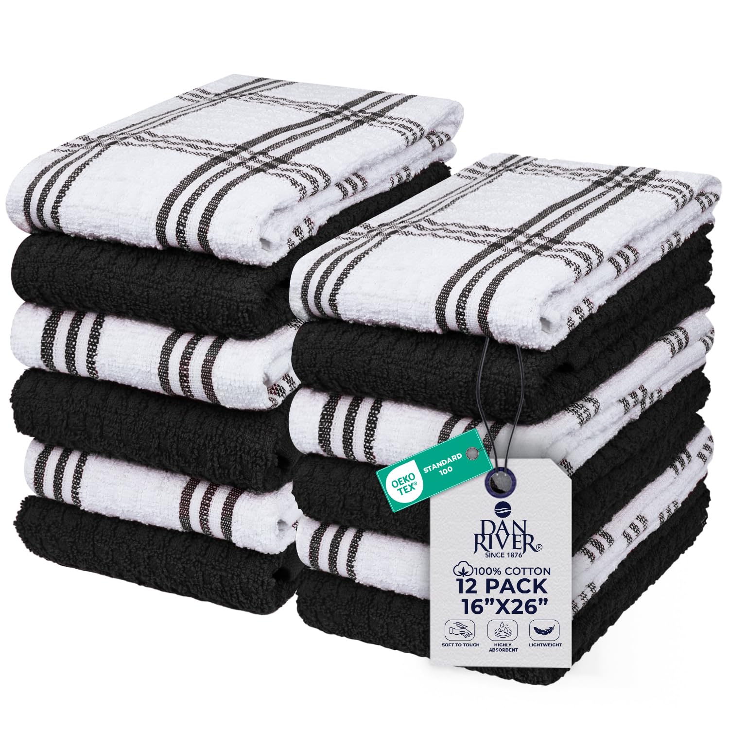 DAN RIVER Black Kitchen Towels,12 Pack,16x26 Inches Absorbent Dish Towels