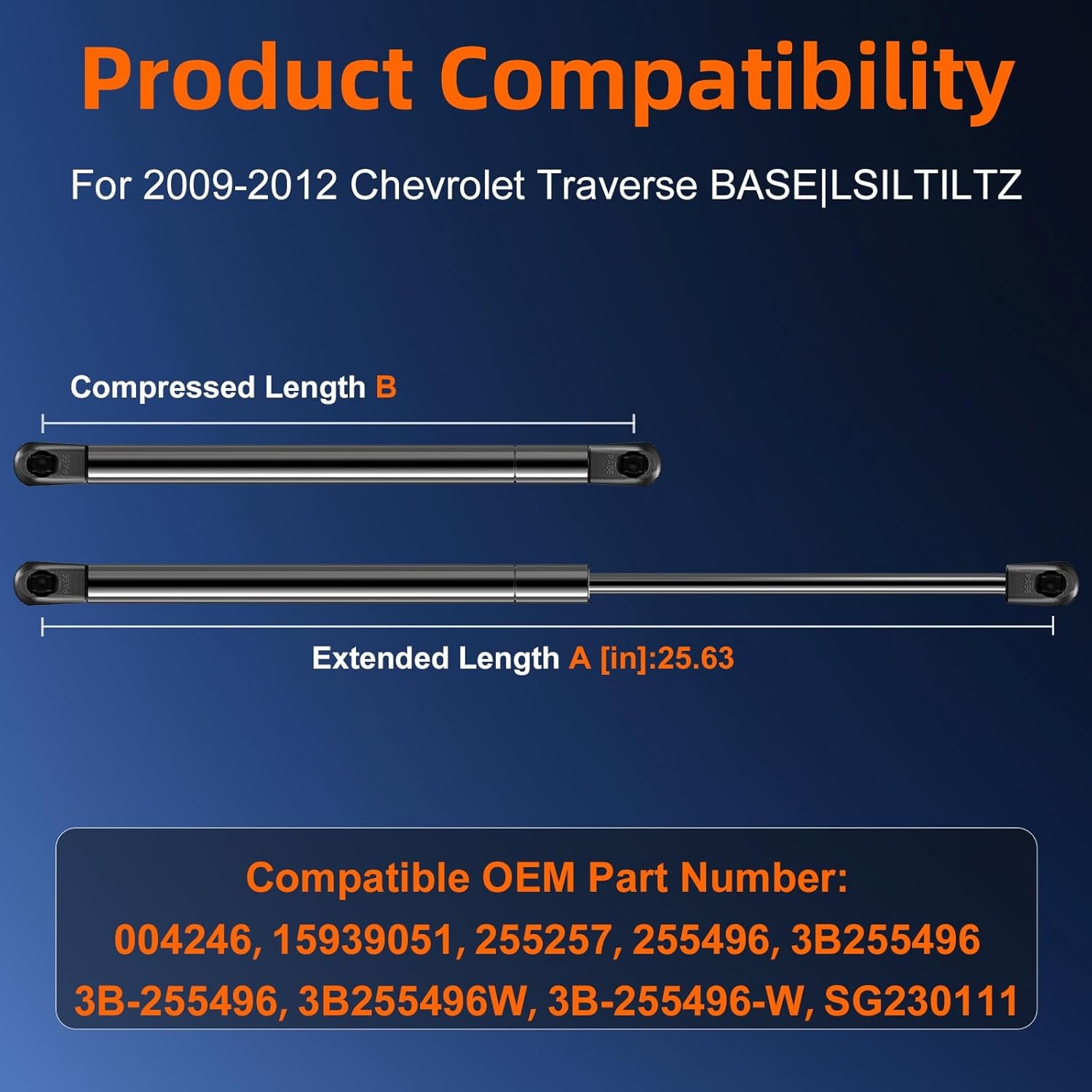 Qty (1) 3B255496W Front Hood Strut Lift Support Compatible with Chevrolet Chevy Traverse 2009-2012, Bonnet Gas Shock Strut Spring Replace OE# 255257