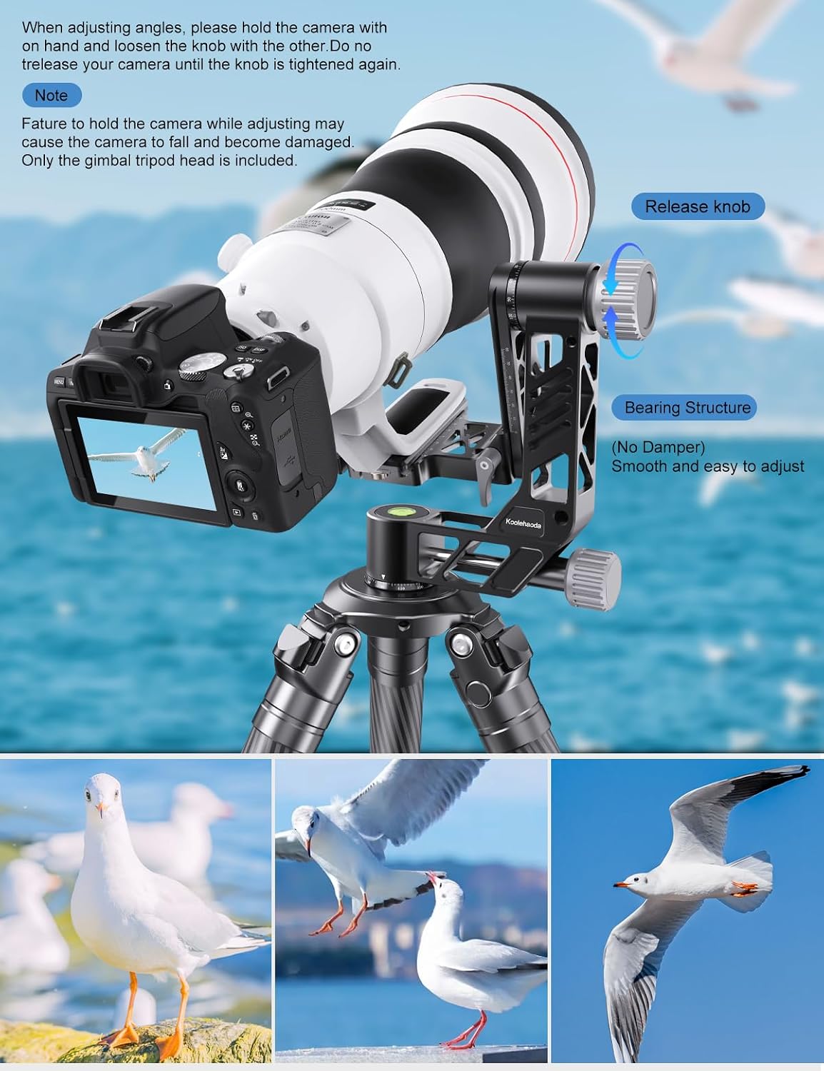 Koolehaoda Gimbal Tripod Head 360° Panoramic CNC Aluminum Arca Swiss | Quick Release Heavy Duty DSLR Camera Telephoto Bird Watching Wildlife Pan Tilt Smooth Professional Precision Load 55lbs