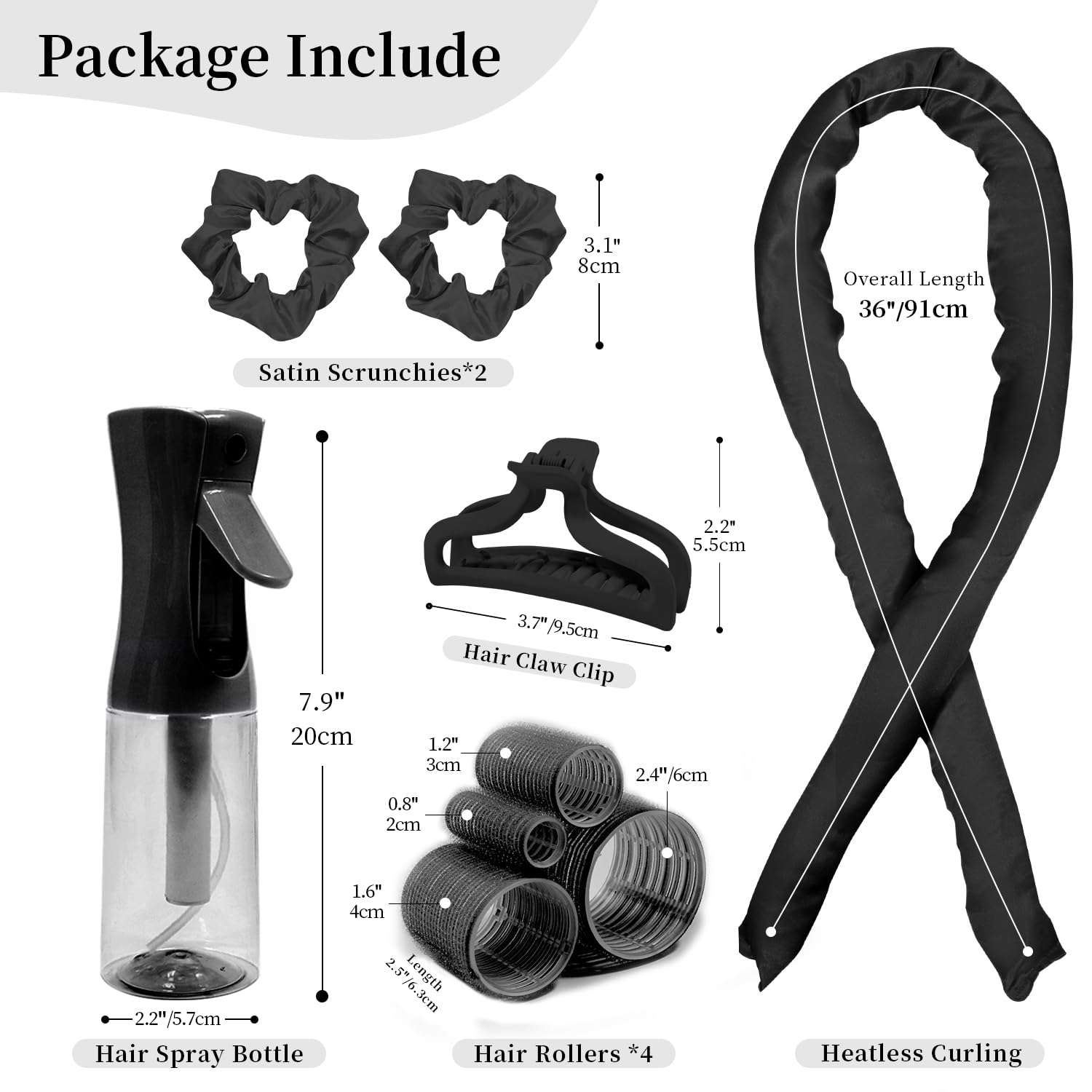 Heatless Curls Overnight, Heatless Hair Curler and Curling Scrunchie Set, Heatless Curling Rod With Spray Bottle, No-Heat Hair Curlers, Overnight Blowout Rods, for Medium to Long Hair (Black)
