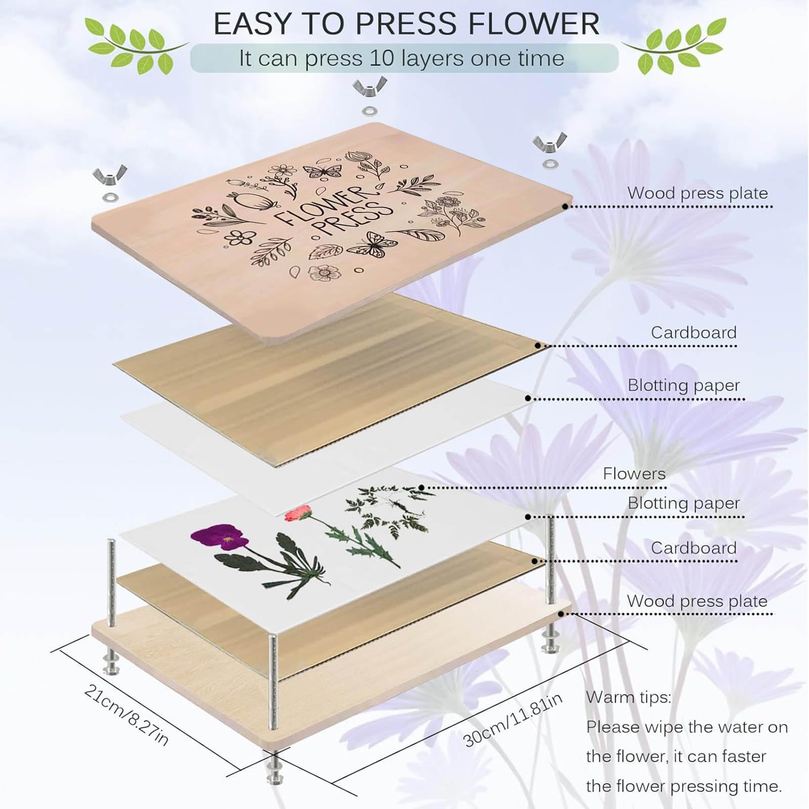 BOGEEL Pressa per fiori in legno per adulti e bambini, kit di stampa per fiori piccoli, stampa per foglie e piante, 18 x 18 cm