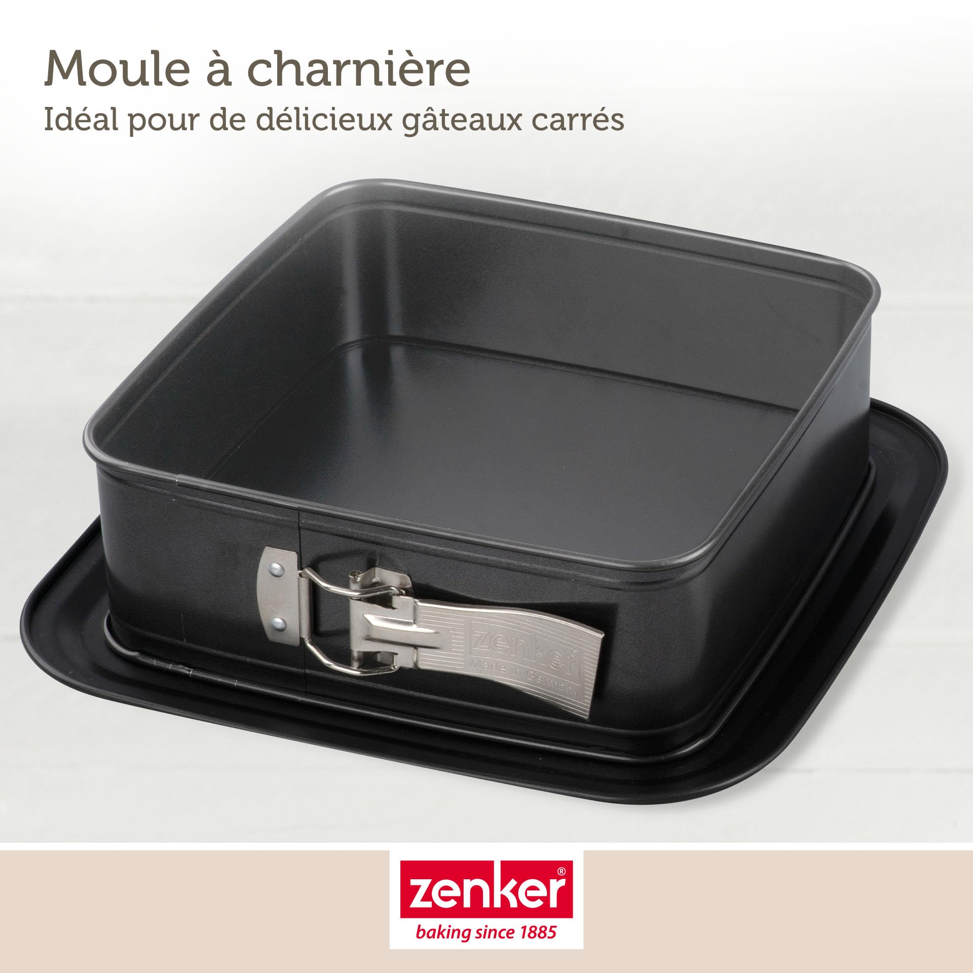 Zenker Bake, Click & Go Moule à charnière carré – 24 x 24 x 8 cm – Moule à gâteau avec couvercle vendu séparément pour un transport direct – Moule à gâteau pour la cuisson et le transport