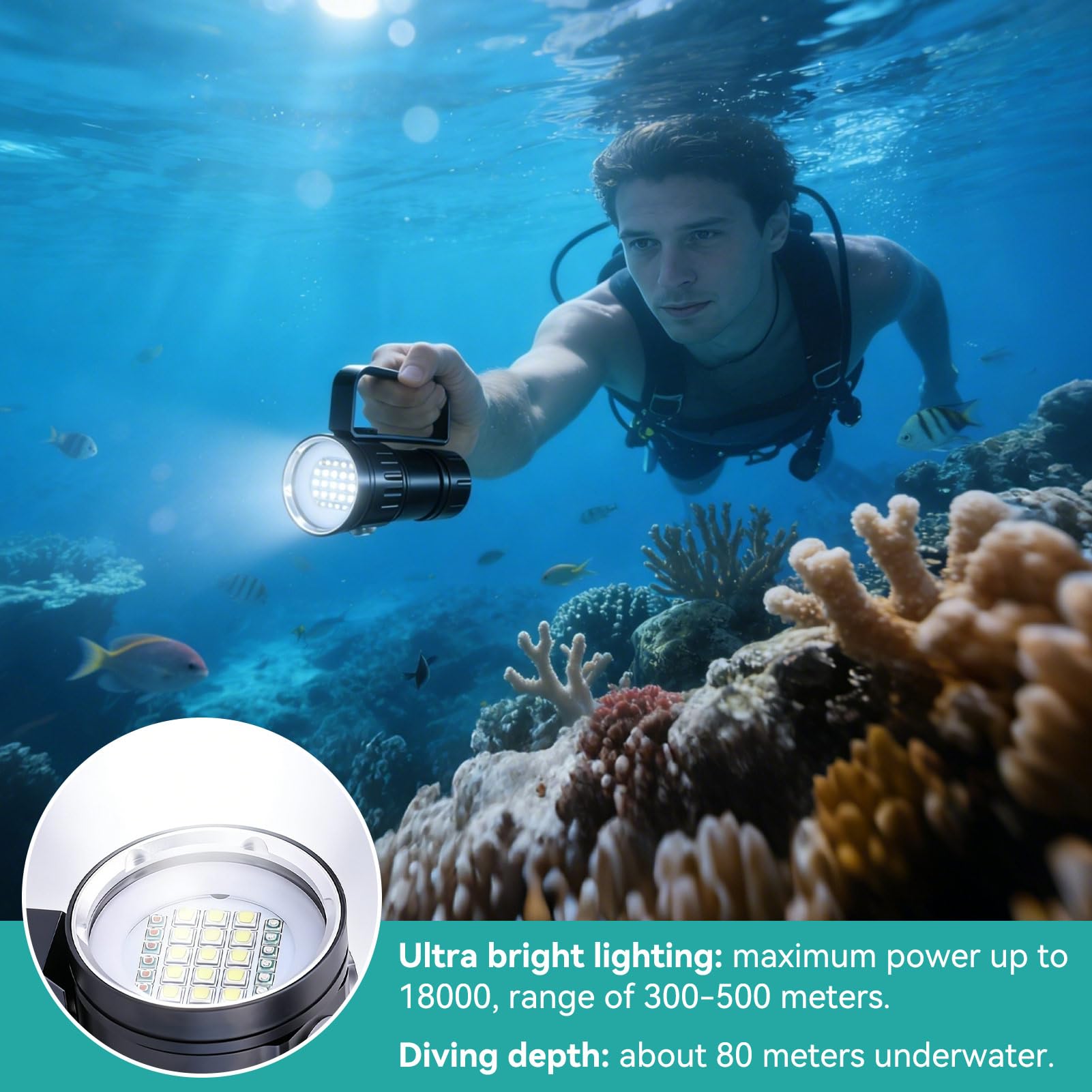 Torcia Subacquea Super Luminosa, Torcia Subacquea Ipx8 18000lm 500m Torcia Subacquea Subacquea Campo Esterno Torcia A LED Luci Sommergibili per Sport Acquatici All'aperto