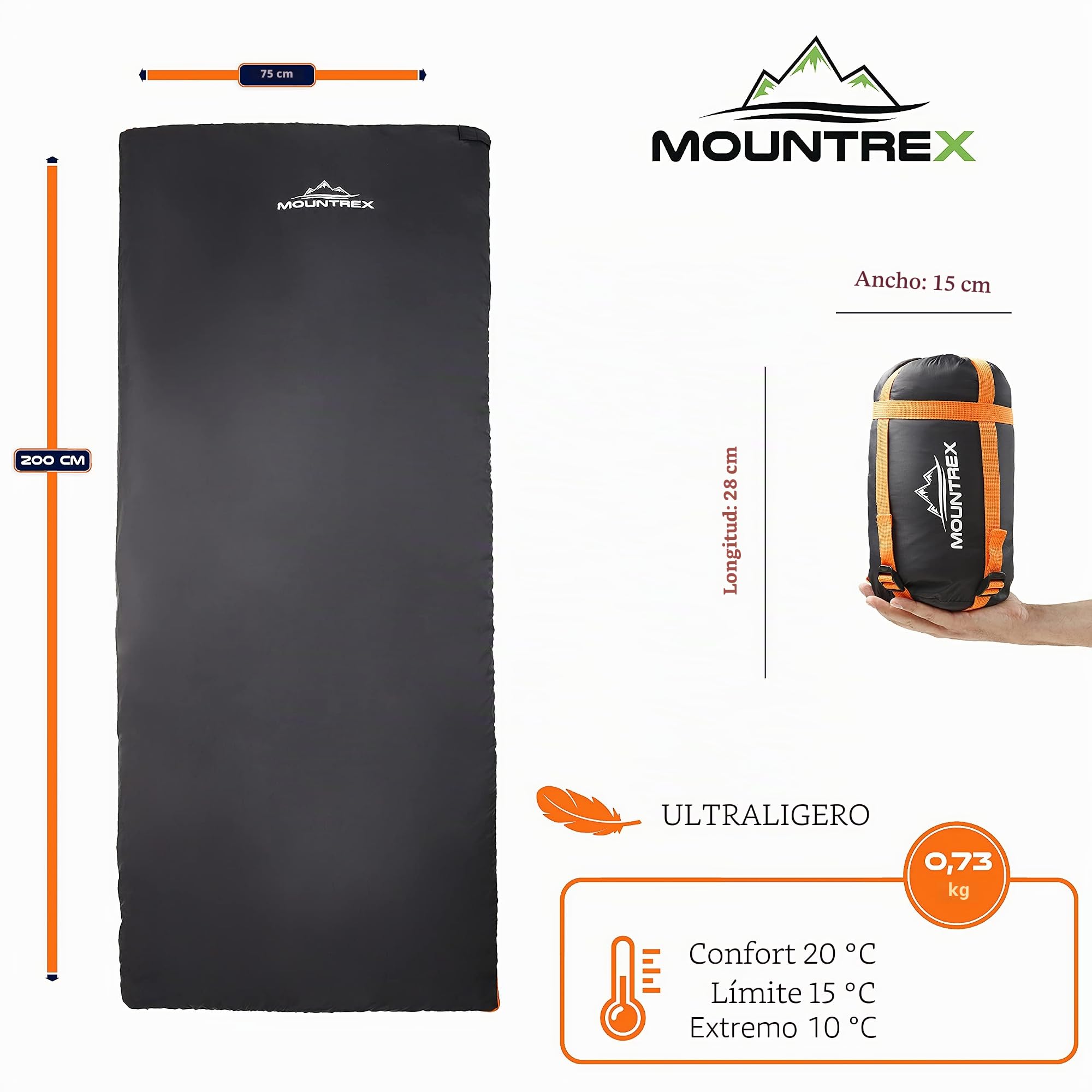 MOUNTREX® Saco de dormir – Tamaño pequeño y ultraligero (730 g) – Saco de dormir de verano – Camping Viaje Festival – Acoplable