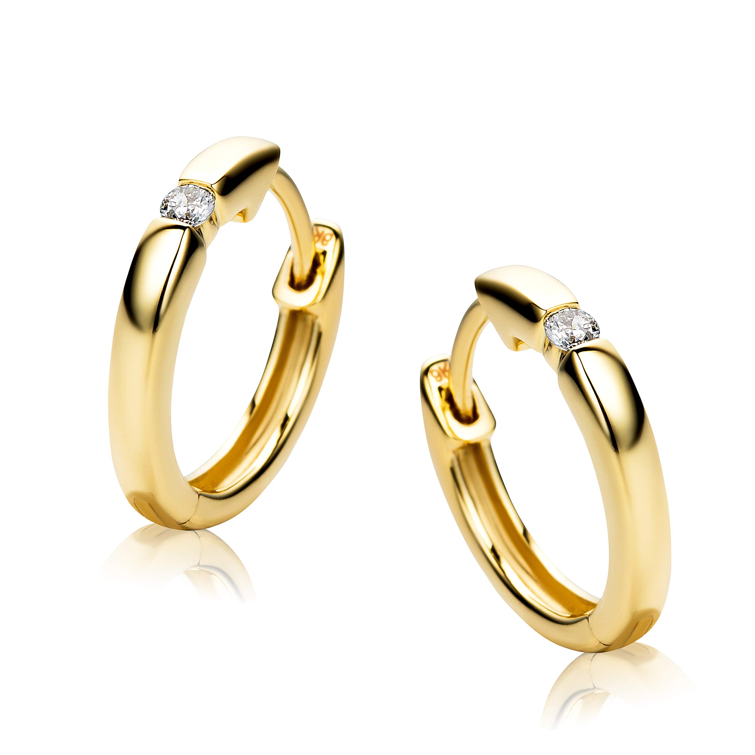 Orovi Schmuck Damen runde Solitär Brillant-Diamant-Creolen mit natürlichen Diamanten im Brillantschliff 0.07CT Zeitlose klassische Ohrringe aus Gelbgold 9 Karat(375) Gold, Kreolen-Durchmesser 13mm