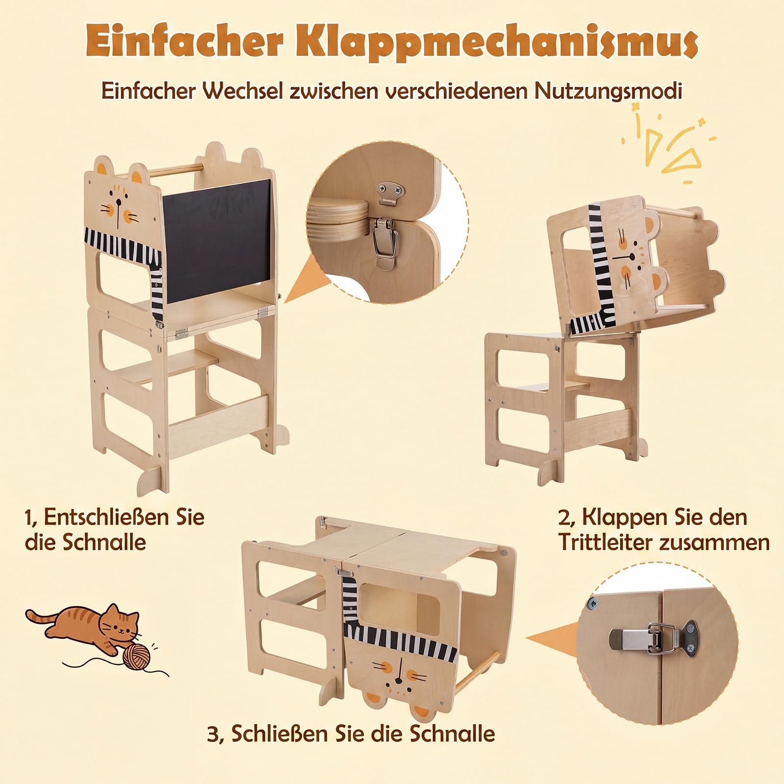 COSTWAY 3 in 1 Lernturm klappbar aus Holz, 50 kg belastbar, Natur | Tritthocker mit Tafel in Katzenform, Tritthschemel Montessori, Küchenhelfer für Kinder ab 18 Monaten