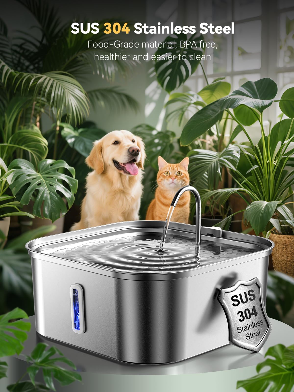 Grande fontana d'acqua per cani da 14 l, in acciaio inox, per cani di taglia grande e famiglie di animali domestici, finestra visibile e area per bere molto ampia, aumenta la capacità e consente di