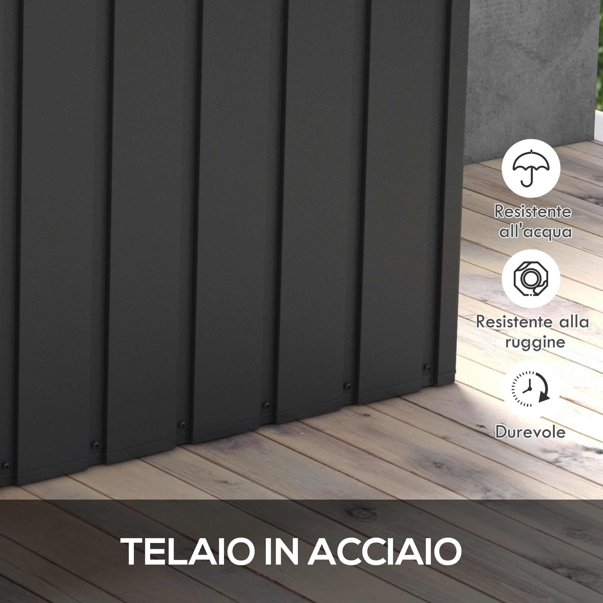 Outsunny Panca Contenitore da 450L con 4 Rotelle, Acciaio e PP, 125.5x61.5x70 cm, Grigio Scuro