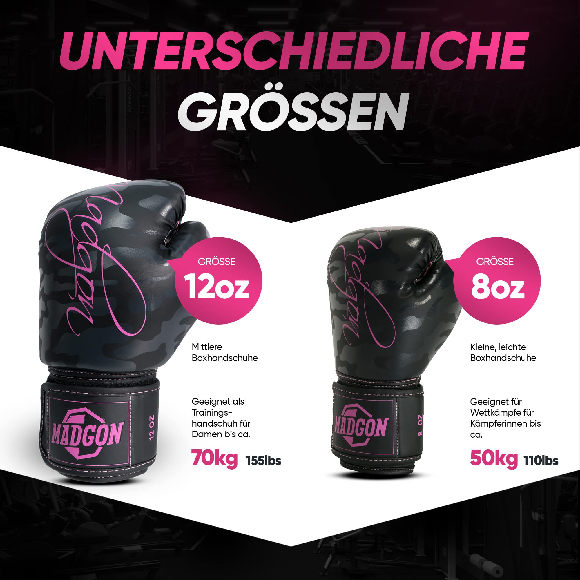 MADGON Premium Boxhandschuhe Damen - Frauen Kickboxhandschuhe für Kampfsport, MMA, Sparring, Muay Thai, Boxen - 10oz