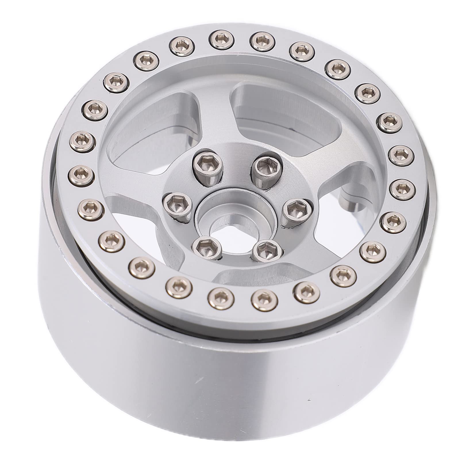 Ruote Beadlock da 1,9 pollici in lega di alluminio, cerchi argentati a 5 fori, cerchi per ruote RC antistrappo e antimacchia, con ruota, compatibili con AXIAL SCX10, TRX4, (Argento)