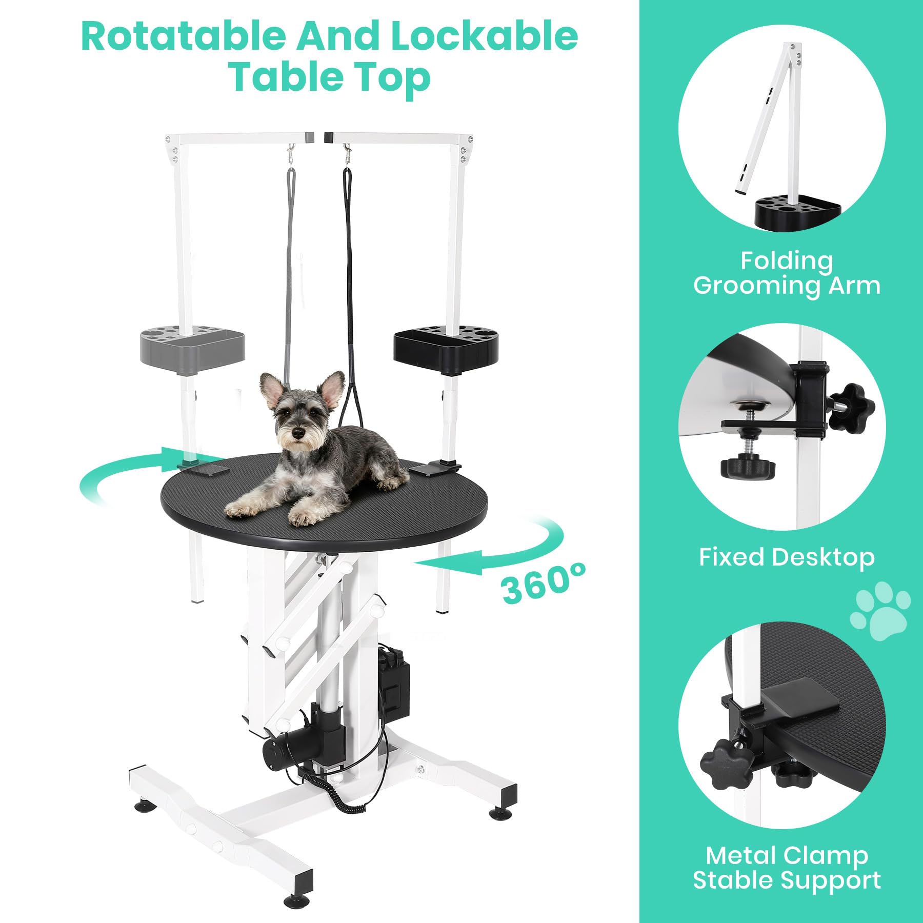 Tavolo elettrico per toelettatura cani da 61 cm, scrivania rotante per piccoli animali domestici, con braccio sopraelevato, telecomando a pedale, organizer per attrezzi, capacità 113,4 kg