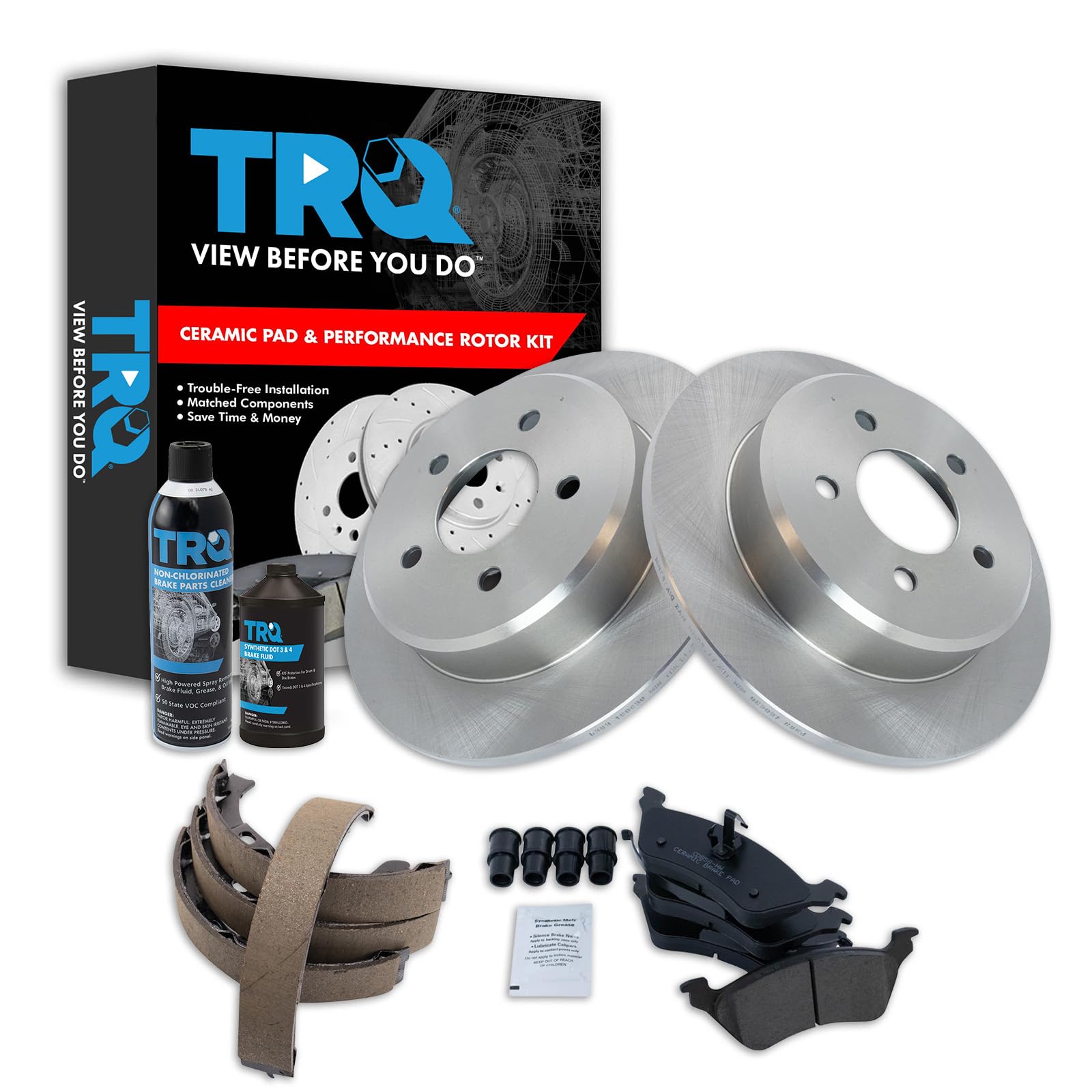 TRQ Rear Brake Pad &amp; Rotor Kit, with Chemical Kit Parking Brake Shoe Set Ceramic Compatible with 2001-2007 Chrysler Town &amp; Country Dodge Caravan Grand Caravan