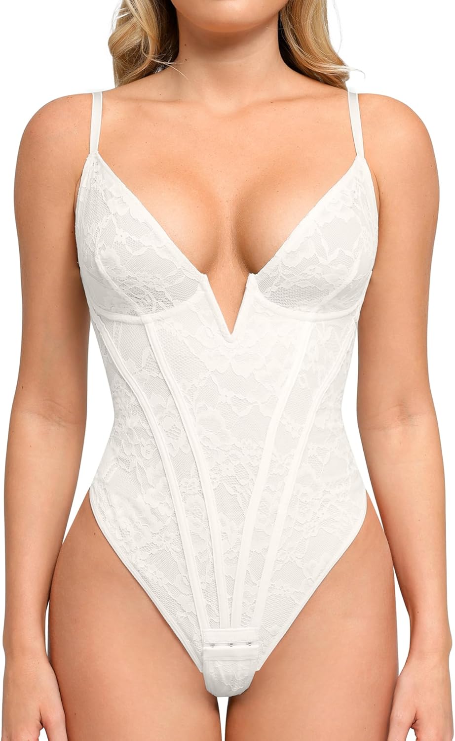 Popilush Shapewear Bodysuit for Women Deep V Neck Sleeveless Lace Corset Bodysuits Tummy Control Tank Tops