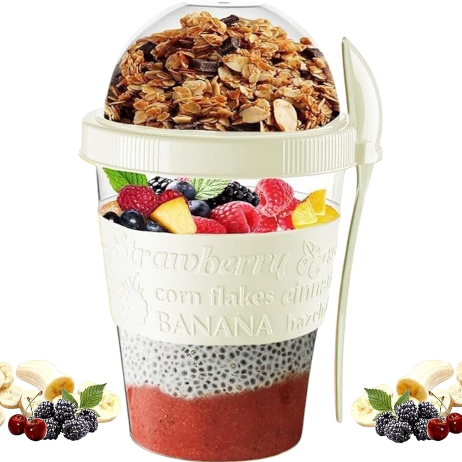 Pro Home Yogurt Pot With Spoon 20oz/600ml Bpa Free Reusable Airtight Dishwasher Safe On The Go Yoghurt Pots With Lids Museli Cereal Cup Containers Overnight Oats Jar Storage (Cream)