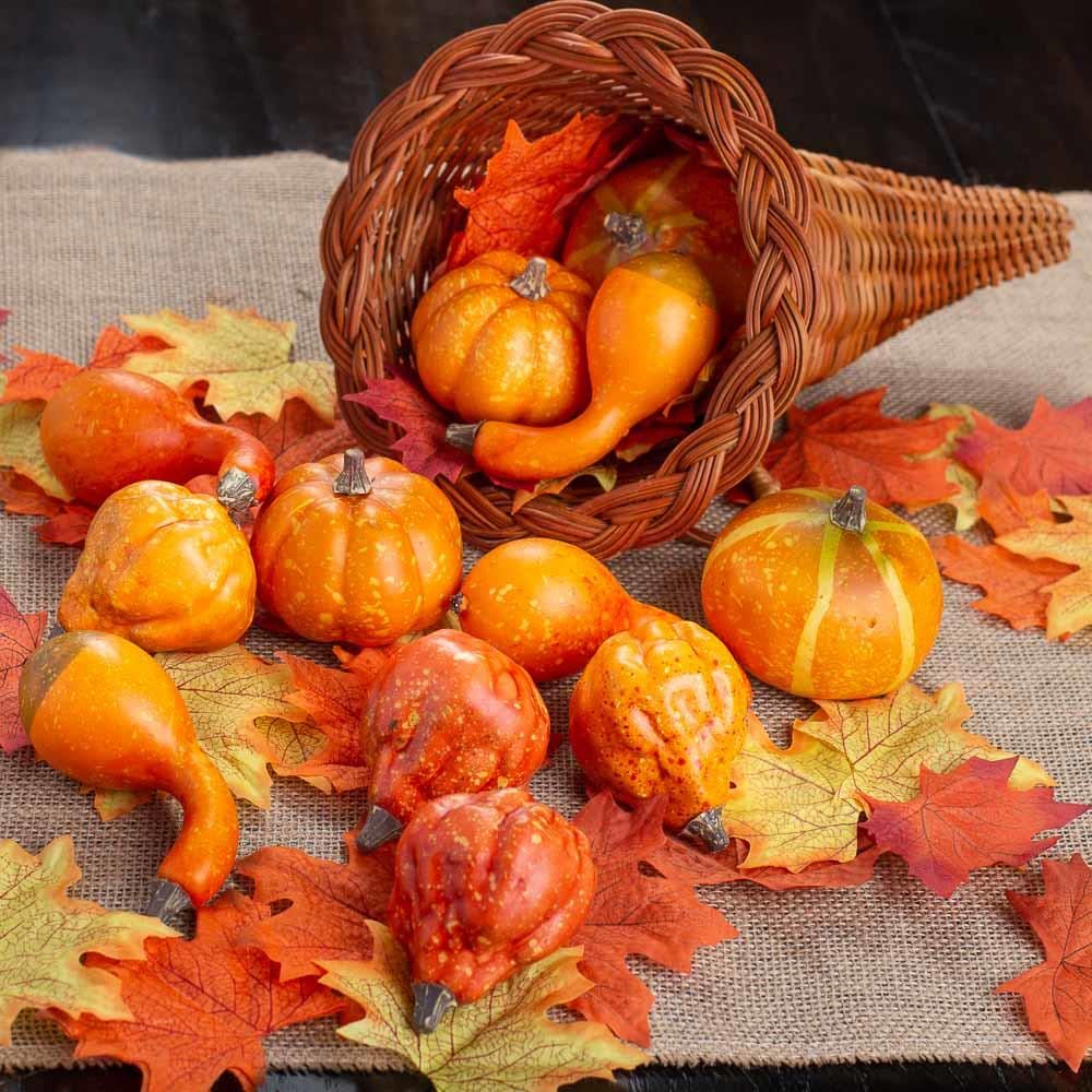 Factory Direct Craft Thanksgiving Cornucopia of Orange Artificial Pumpkins and Gourds with Leaves - Horn of Plenty for Fall Decorating and Displays