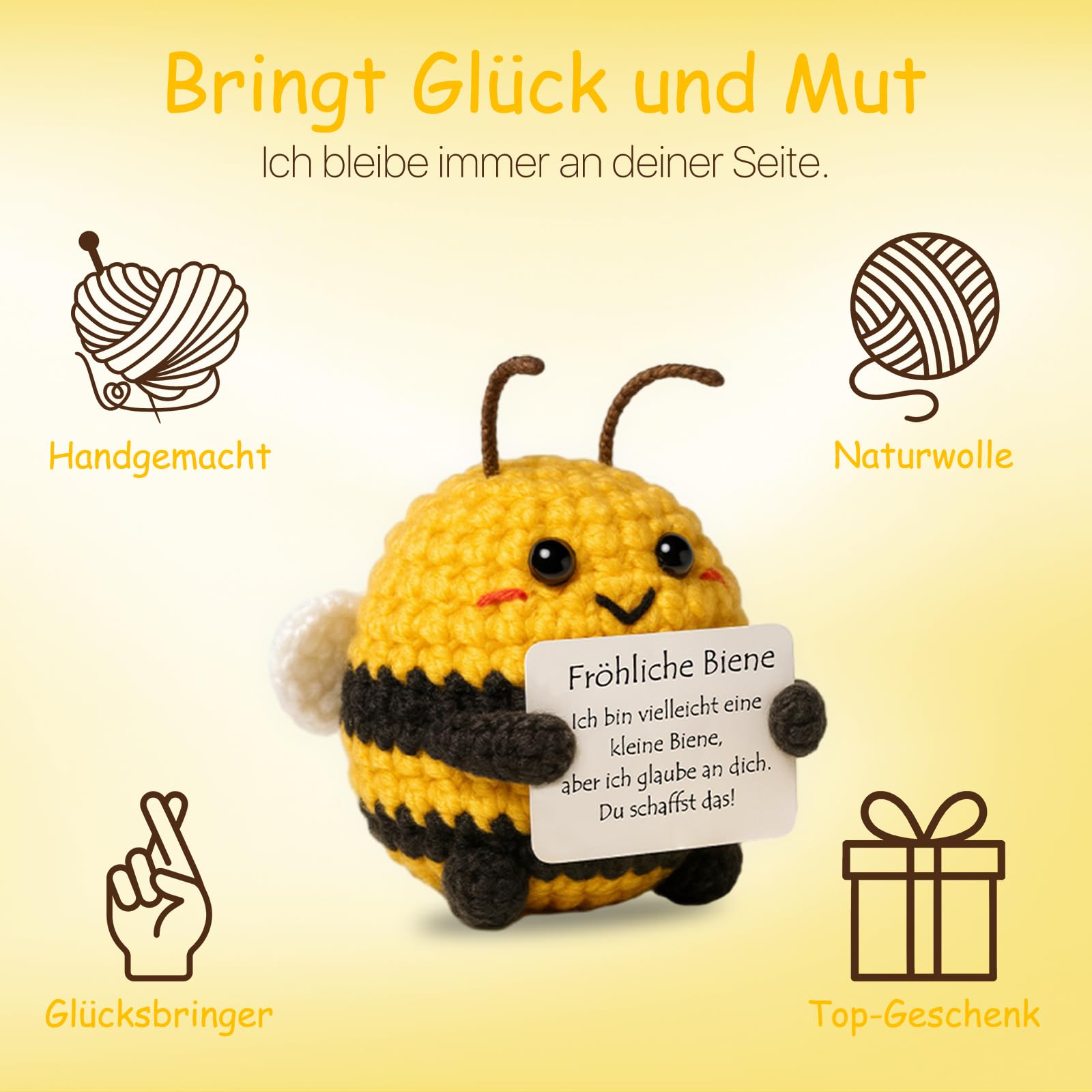 Geschenk für Frauen, Männer & Kinder, 325ml Tasse mit Strick-Deko Fröhliche Biene Glücksbringer, Geburtstag, Weihnachten, Gute Besserung, Prüfungsgeschenk, Abschiedsgeschenk