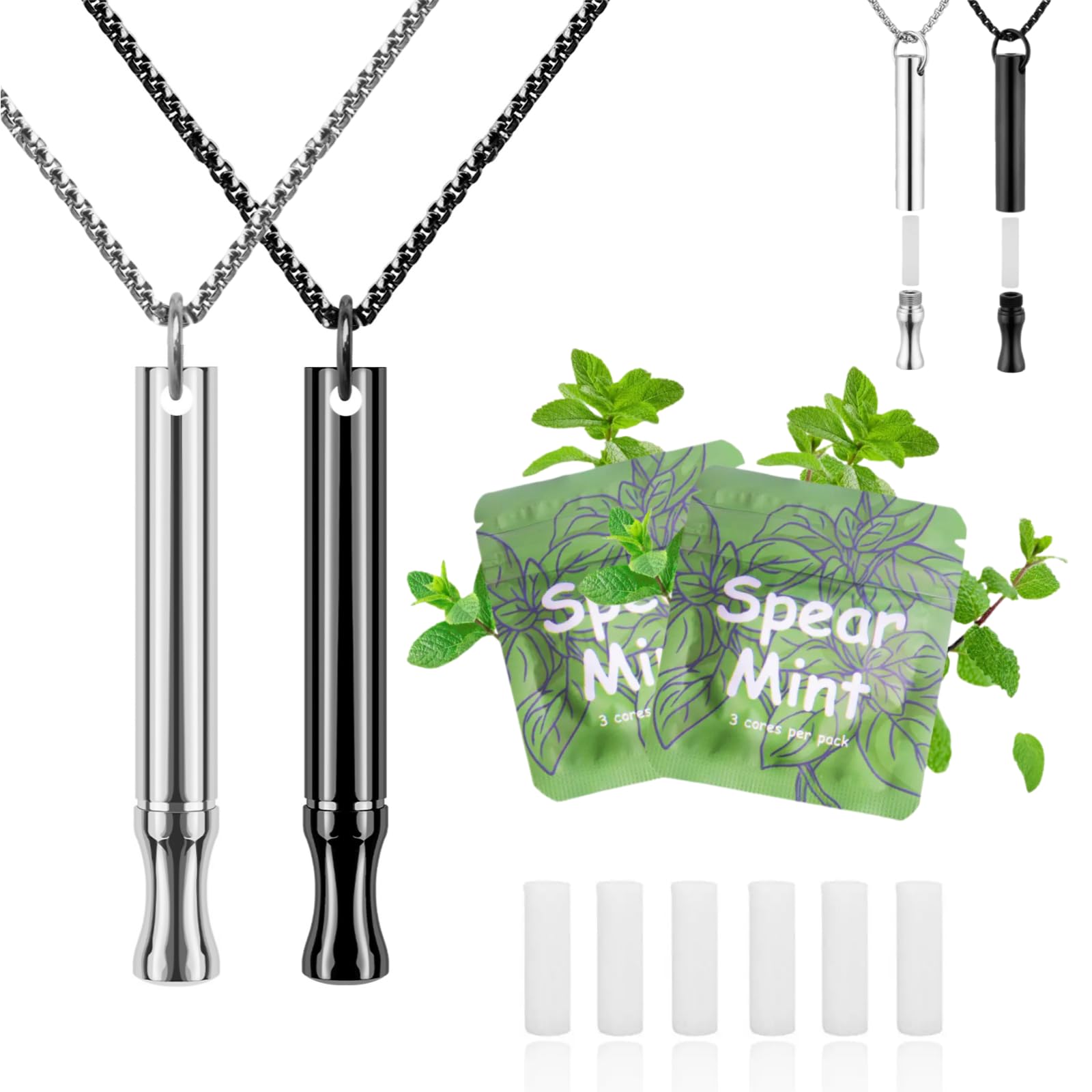 LAMKHOO Breathing Necklace to Quit Smoking and Vaping with Refillable Mint Pods Stop Smoking Aids Fidget Necklace for Anxiety Relief Smokeless Inhaler for Adults (Black&amp;Silver)