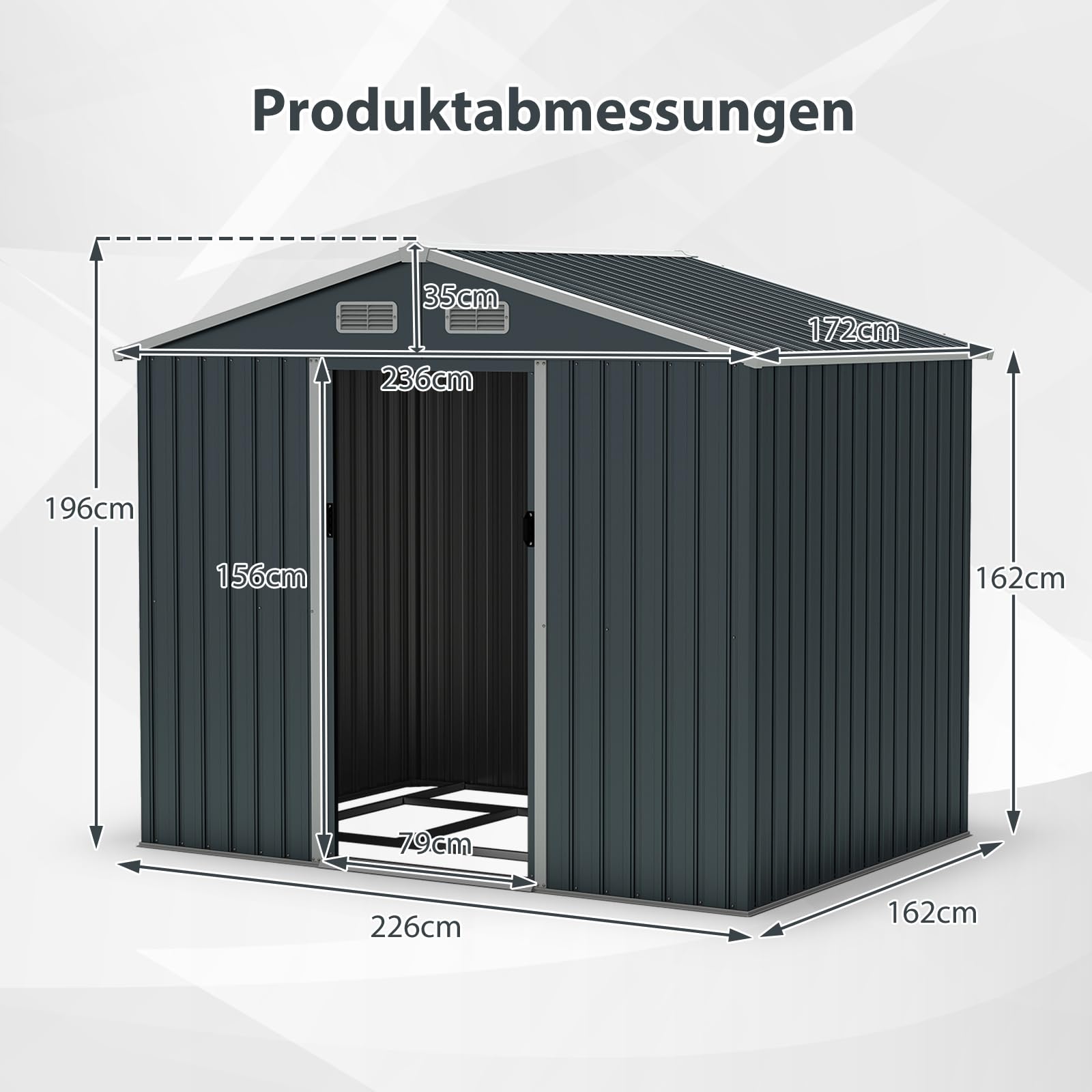 COSTWAY Geräteschuppen, Gerätehaus Metall mit Pultdach & Schiebetüren, Gartenhaus mit 4 Luftventile & Bodenbasis, Fahrradgarage Gartenschuppen für Garten, Rasen, Terrasse, 235 x 171 x 196 cm