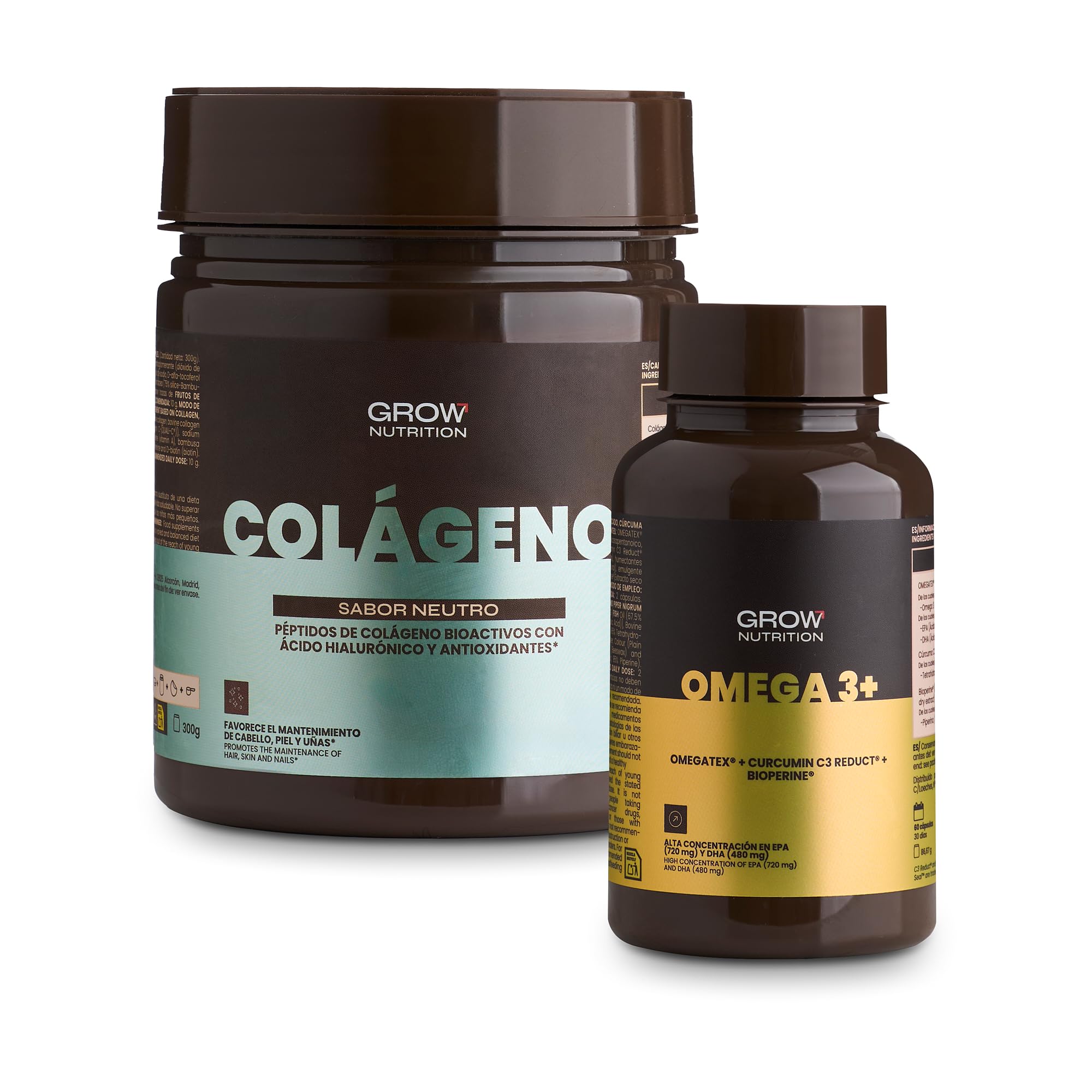 Grow Wellness Lote Omega 3+ OMEGATEX 60 Cápsulas + Colágeno Neutro 300 g | VERISOL, Ácido Hialurónico, Biotina y Vitaminas