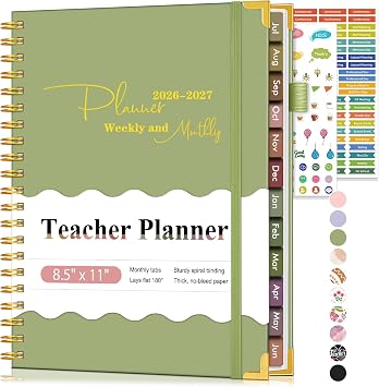 Teacher Planner 2026-2027, July 2026 - June 2027, Academic Weekly & Monthly Calendar Planner with Tabs, 8.5" x 11" A4 Teacher Lesson Plan Book with 7 Periods, Daily Agenda School Organizer for Teacher Student Homeschool, Green
