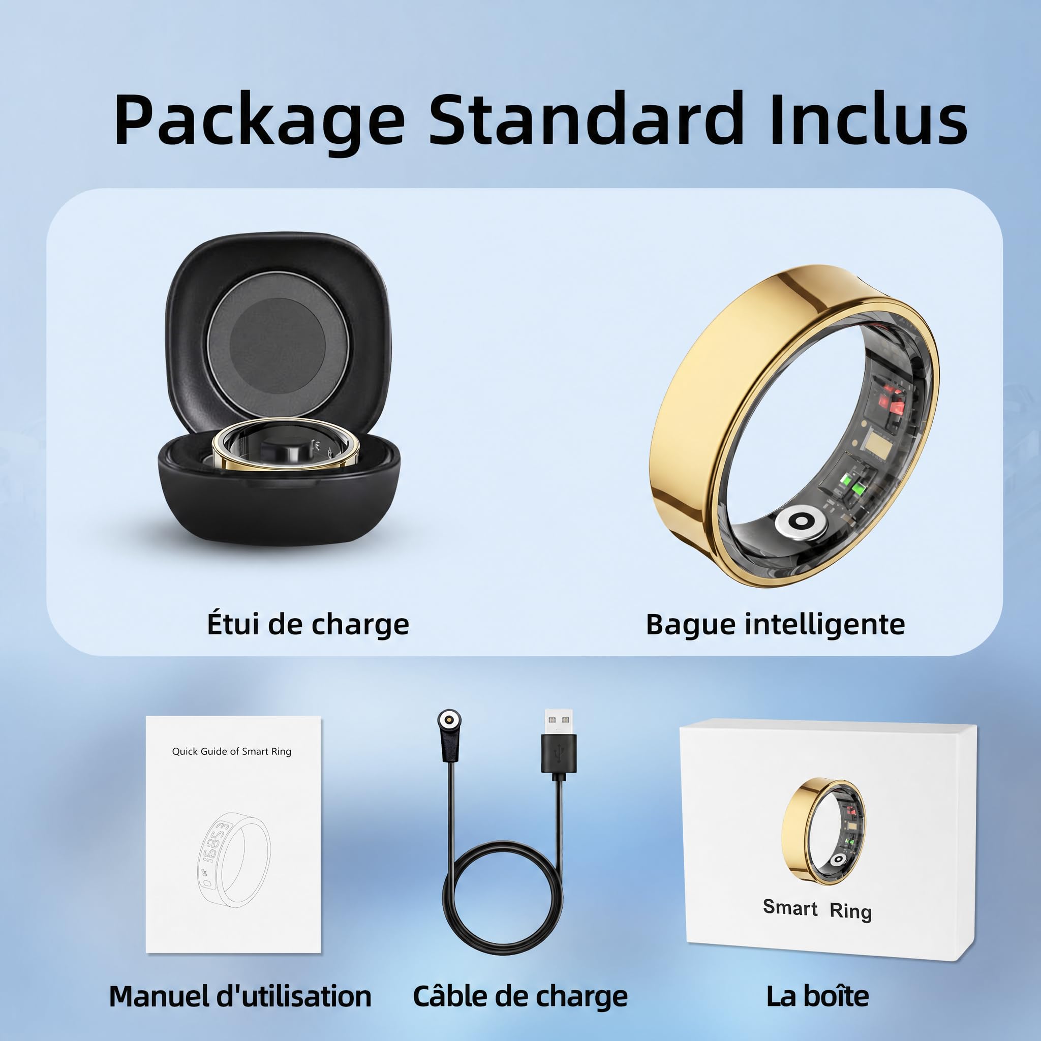 Bague connectée pour Homme et Femme – Capteur de Sommeil, Température Corporelle, Fréquence Cardiaque et Suivi Multi-Sports Étanche 5ATM, sans Abonnement(Or Élégant, 8)