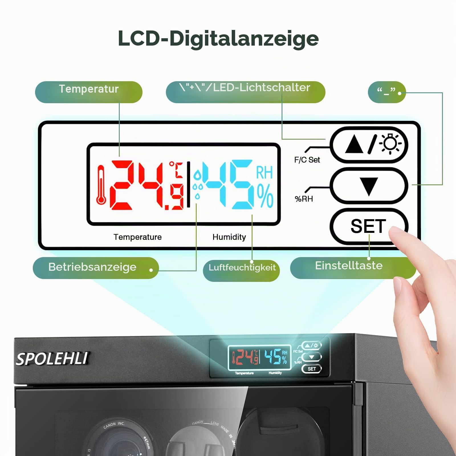 Trockenschrank Kamera Digital Control Luftentfeuchter 55L Elektronische Trockenbox mit LED-Leuchten Geräuschlos & Energiesparend für Kameraobjektiv & Elektronische Geräte Lagerung