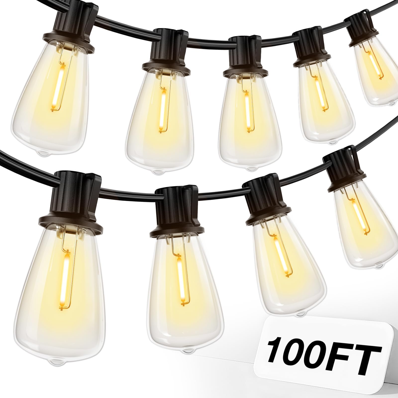 Photo 1 of addlon 100FT LED Outdoor String Lights Waterproof Patio Lights with 32 Shatterproof ST38 Replaceable Bulbs(2 Spare), Dimmable Outside Hanging Lights Connectable for Porch, Backyard, 2200K Warm Yellow