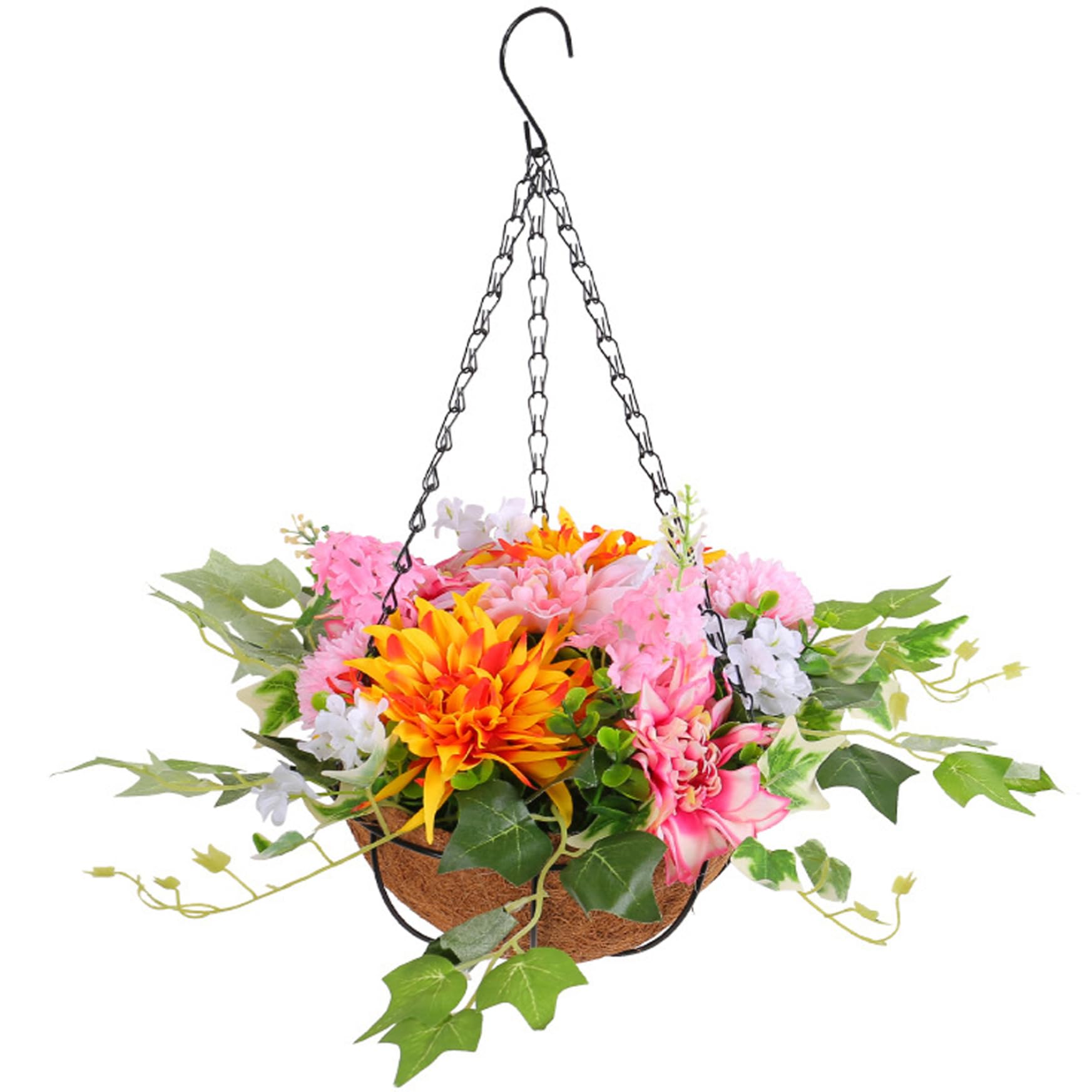 CAKEEYUM Artificial Hanging Baskets Outdoor 17.7 Inch Realistic Hanging Baskets Artificial Flowers Daisy Flowers with Coconut Lining Basket for Outdoors Indoors Decor gardening