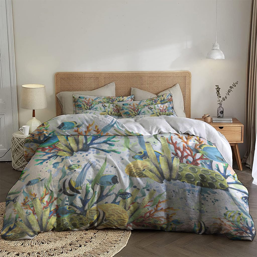 NIBAINLO 布団カバー藻類魚のいるサンゴ礁 肌に優しい ピーチスキン加工 掛け布団カバー 和式 洋式 あったか 布団カバーセット リバーシブル ホームステイ ホテル 家庭兼用