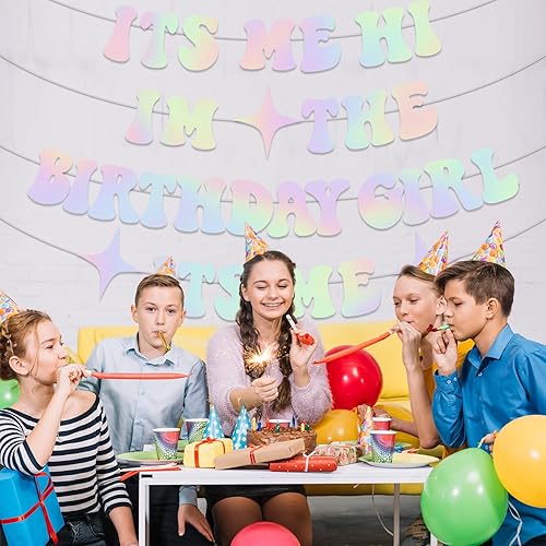 Miniatura 5 de Cartel con texto en inglés "It's Me Hi Im The Birthday Girl Its Me", pancarta de decoración de cumpleaños popular iridiscente con purpurina que no