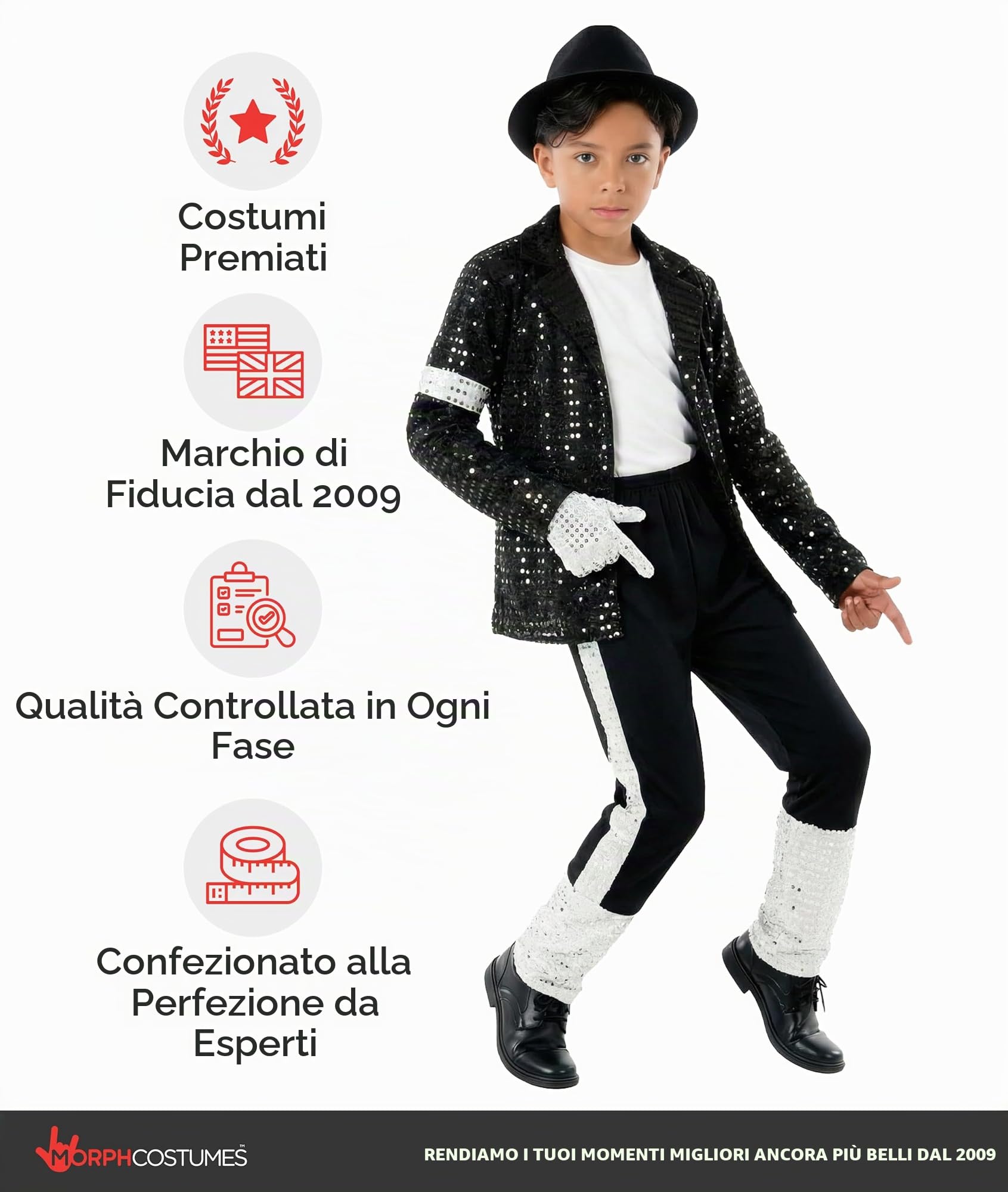 Morph Costume Star del Pop Bambino, Costume Halloween Bambino | Giacca di Paillettes, Pantaloni, Cappello Fedora & Guanto Argentato, Perfetto per Halloween, Ideale per il Gioco di Ruolo