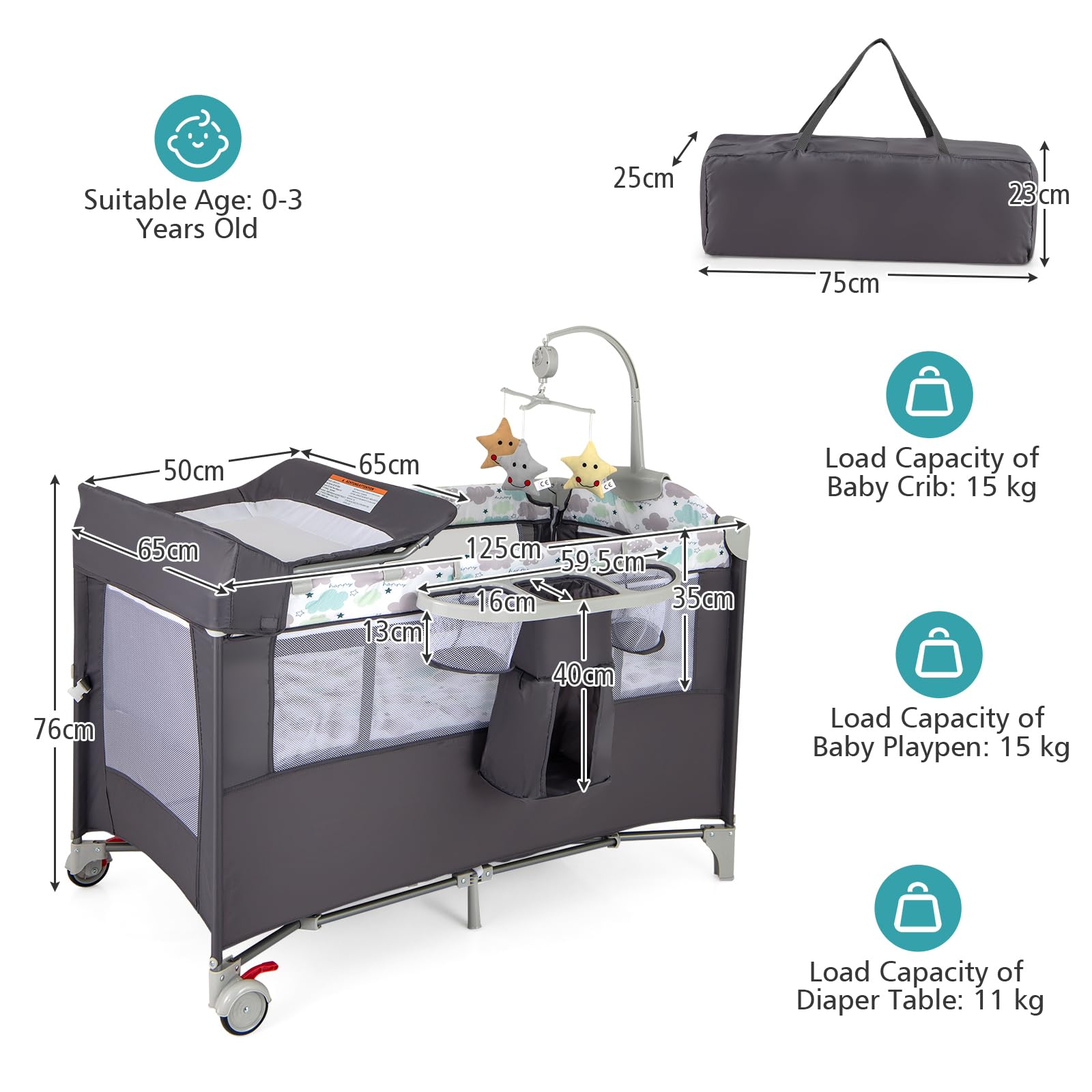 LIFEZEAL Lettino da Campeggio, Lettino per Bambini 0-3 Anni, Culla da Viaggio, Box, Co-sleeping, con Materasso, Fasciatoio, Giostrina, Ruote, Borsa, Pieghevole, Portatile, 125x65x119 cm (grigio)