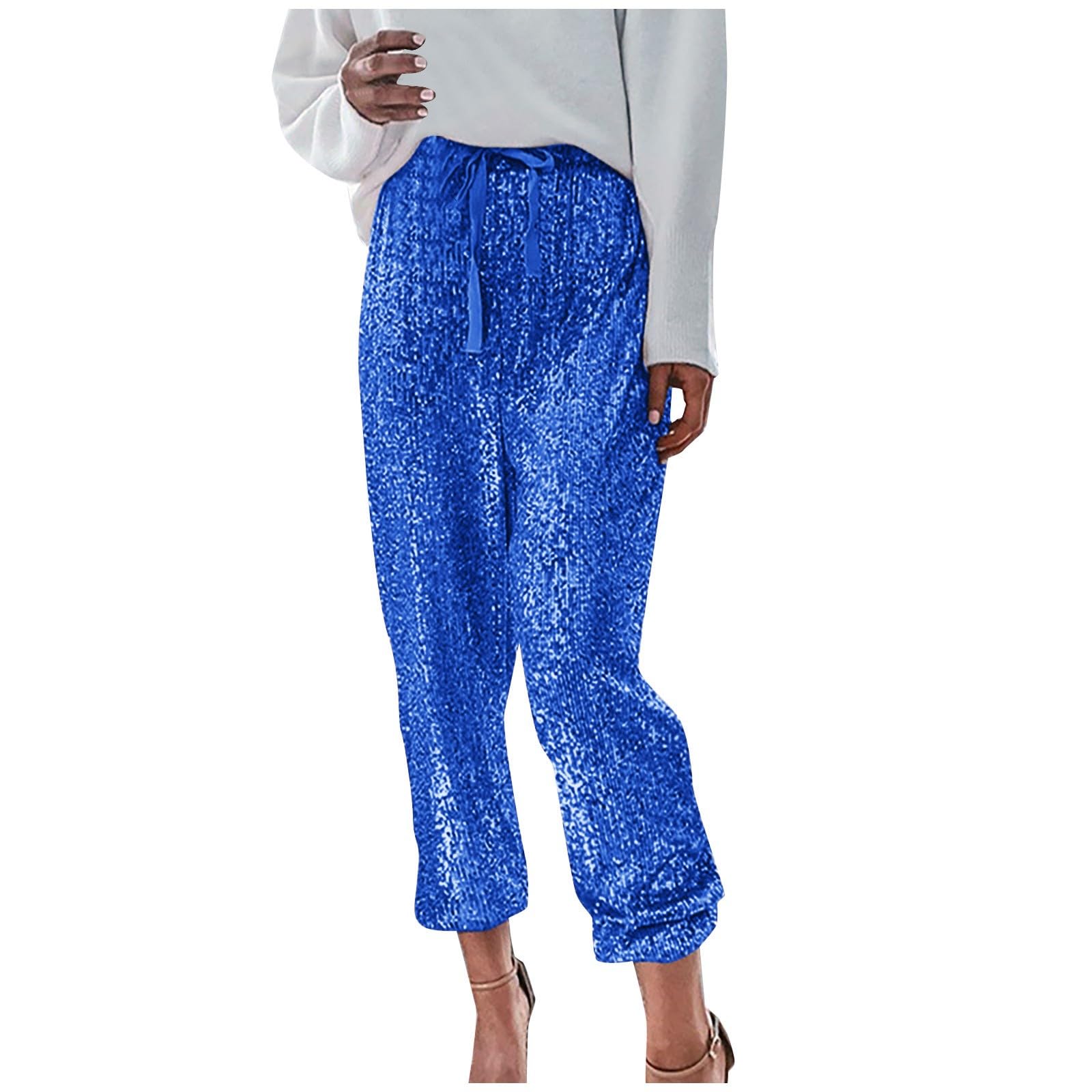 Womens Ssequin Casual Sexy Party Fashion Style High Womens Elastic Belted High Waist Casual Loose Long Pants with