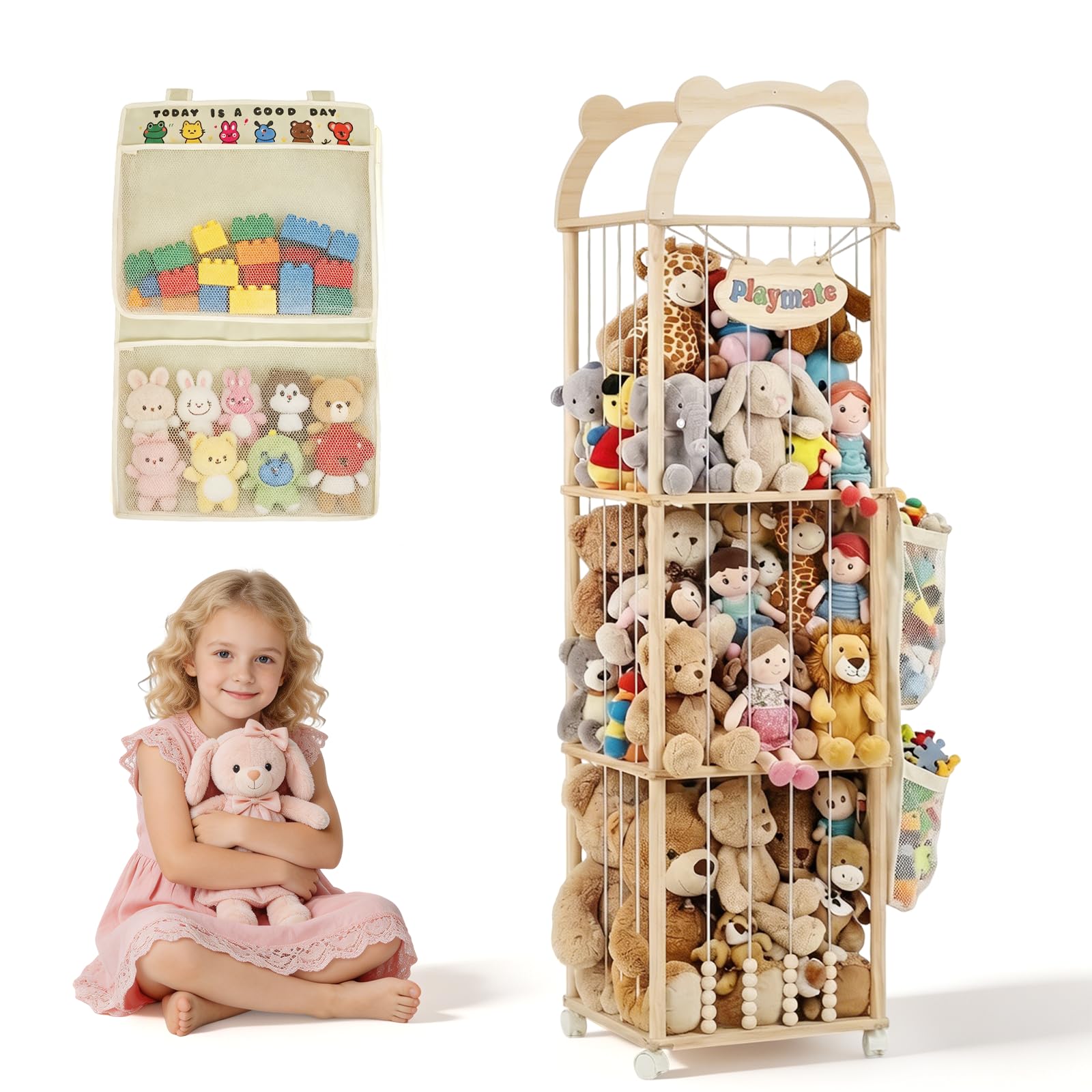 Contenitore per Peluche, 151x46x46CM Organizer per Peluchecon Ruote Girevoli a 360°, Porta Peluche per Cameretta dei Bambini, Soggiorno, Mobili per la Cameretta dei Bambini (Modello a Cupola)