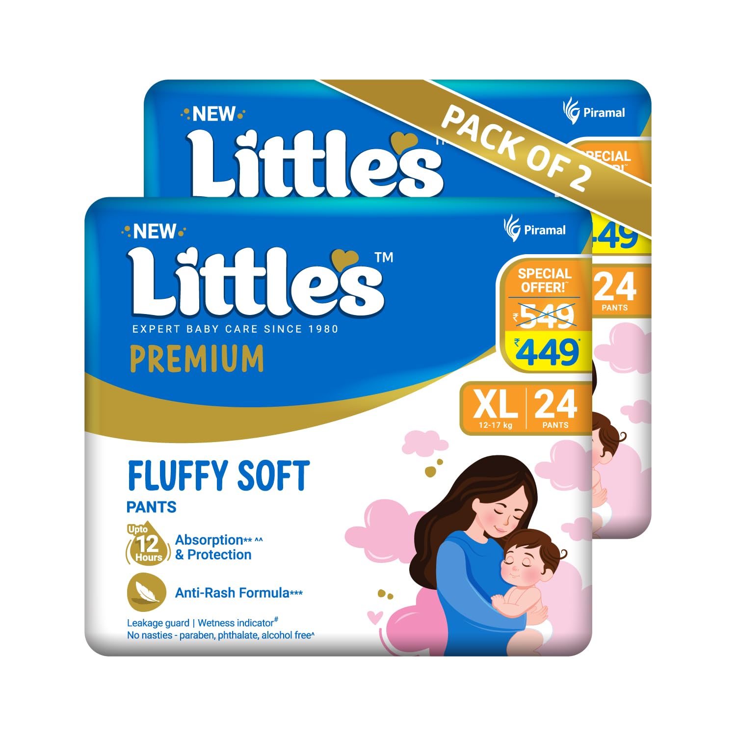 Premium Baby Diapers XL Size (Extra Large) Pants Style | 12-17 kg | 48 Count | FluffySoft Baby Diaper with Leakage Guard, Wetness Indicator & 12 Hours Absorption | (24 Count, Pack of 2)