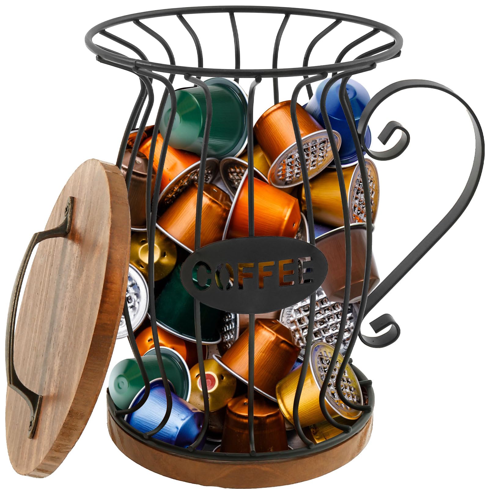 NZWBSHSSP Coffee Pod Holder with Lid Hollow Out Coffee Capsule Basket for Counter Large Capacity Black Wire Storage Basket for Espresso Capsule Home Bar Decor
