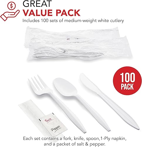 Miniatura 2 de Party Essentials Cubiertos de plástico envueltos individualmentekits de cubiertos, tenedor blancocucharacuchilloservilletasalpimienta, 100 juegos