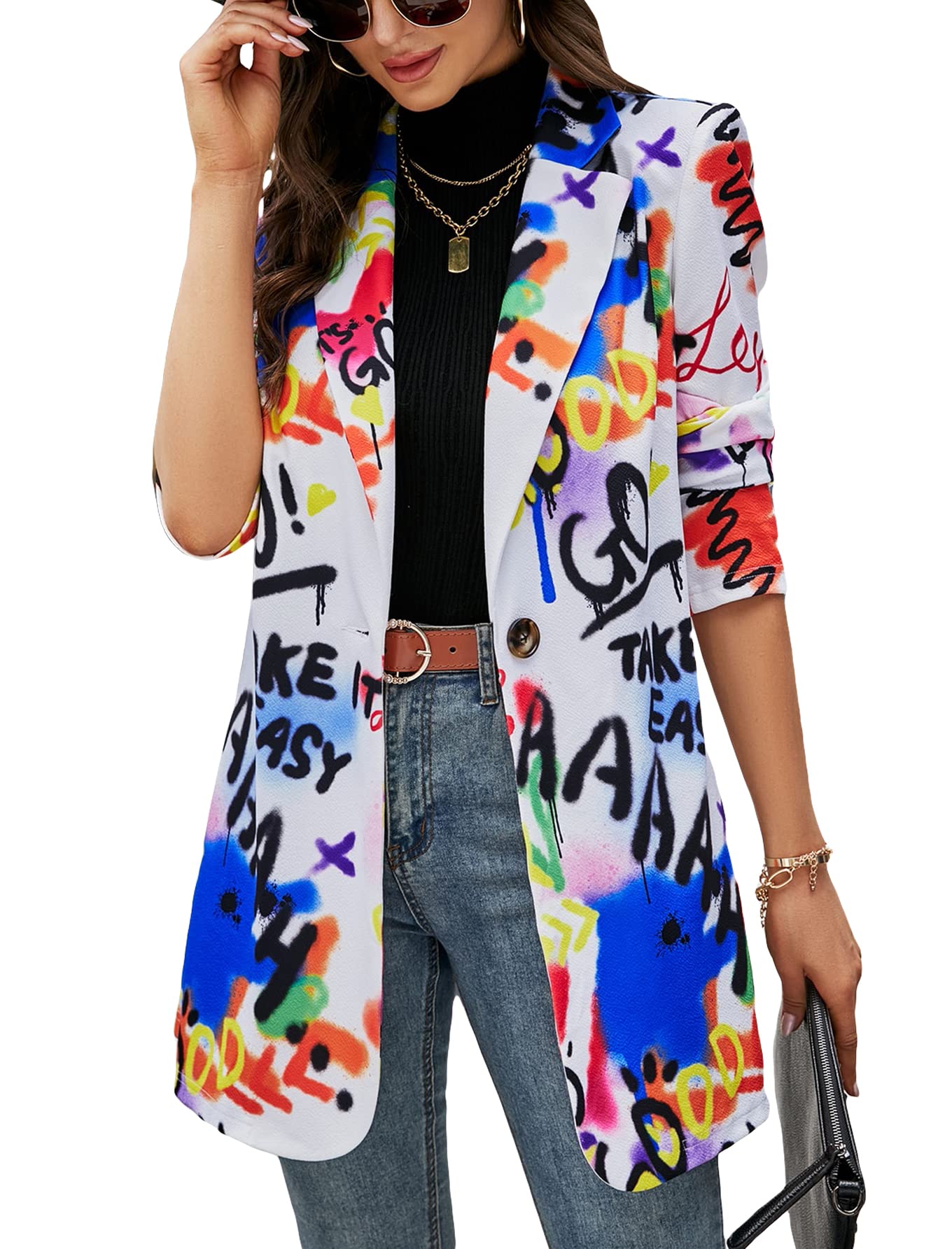WDIRARA Womens Colorblock One Button Open Front Shawl Collar Long Sleeve Blazer