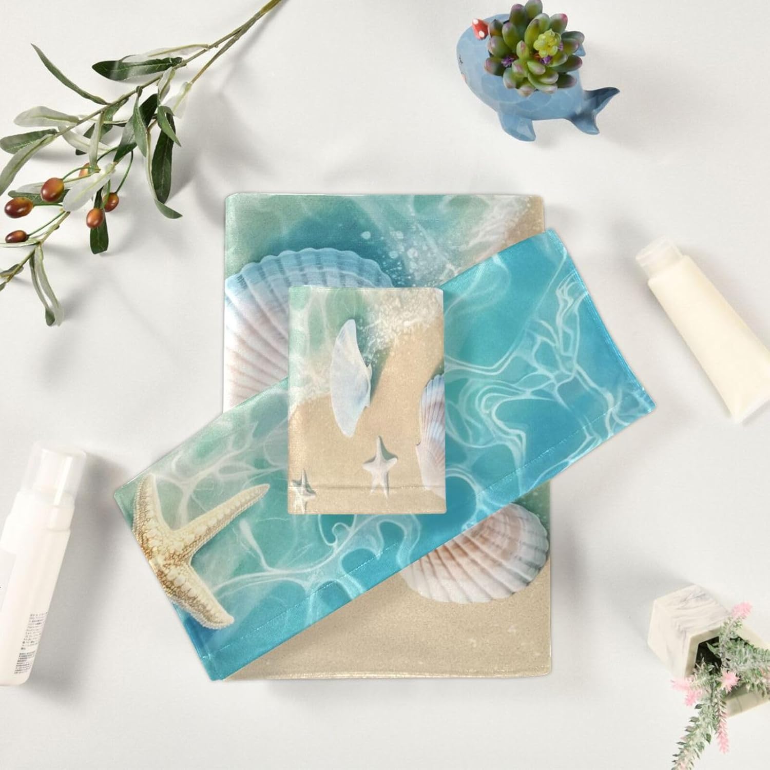 ATTX 3-Piece Summer Beach Starfish and Seashell Bath Towel Set - Ultra Soft & Quick-Dry, Absorbent Hotel & Spa Grade Hand Towels for Bathroom#203