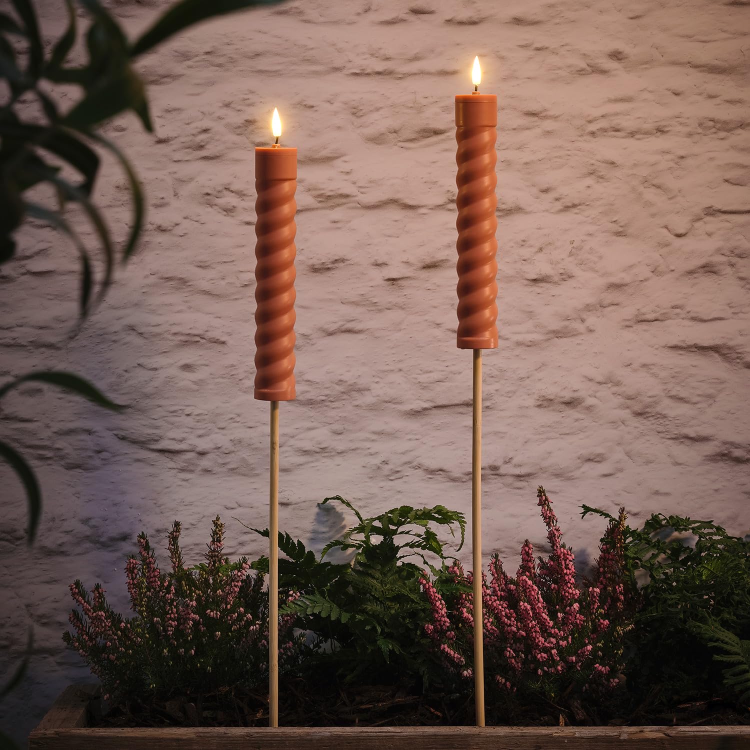 Lights4fun Orange Set Of 2 Terracotta Solar Powered Waterproof Truglow® Led Flameless Candle Garden Patio Tiki Torches With Realistic Warm White Flickering Flame