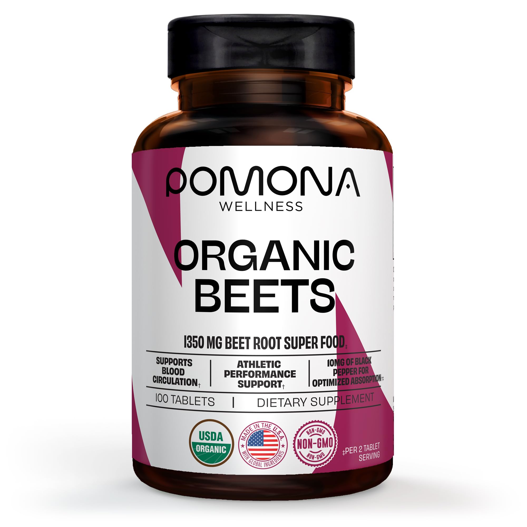 Organic Beets 1350mg, Made with Organic Beet Root Powder, Helps Reduce Blood Pressure, Supports Heart Health & Athletic Performance, Non-GMO, Vegan Supplement (100 Tablets)