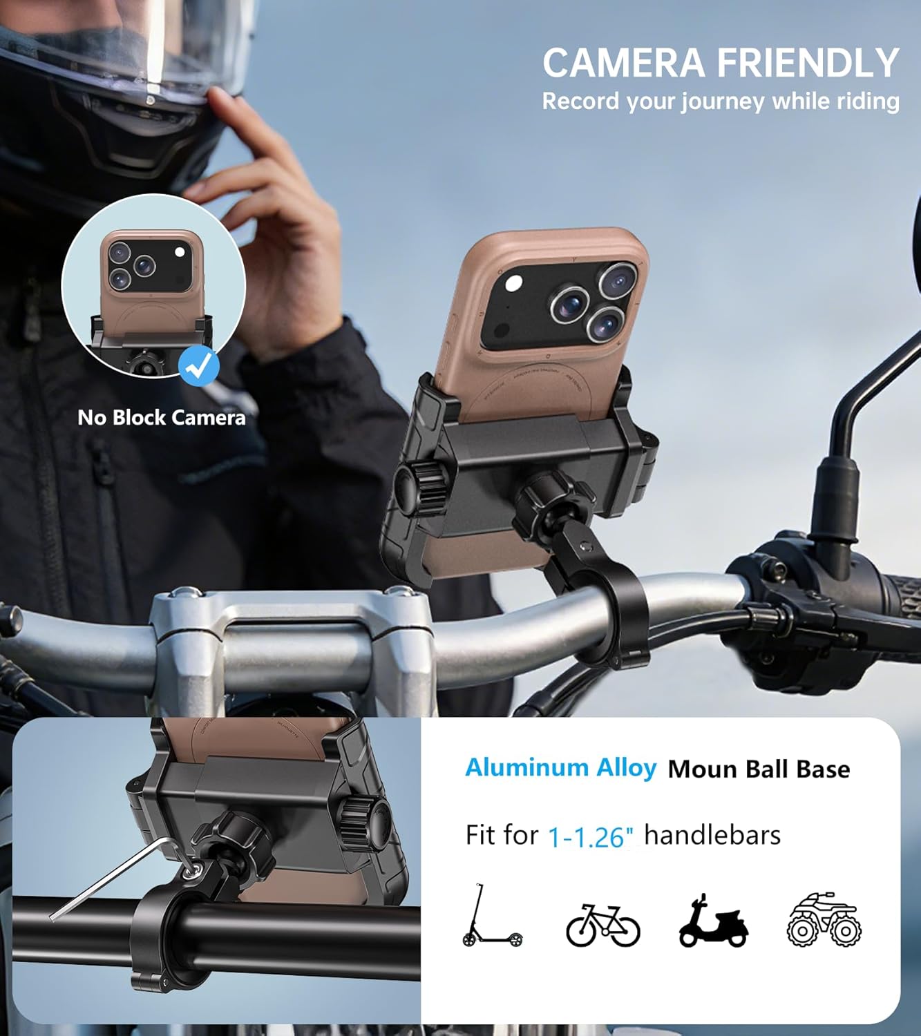Kewig Motorcycle Phone Mount with Aluminum Alloy Mounting Base [Camera Friendly] [1s Lock & Release] Bike Handlebar Cellphone Holder for Scooter Bicycle ATV, Fit 5.4-7.2" Smartphone - Image 4