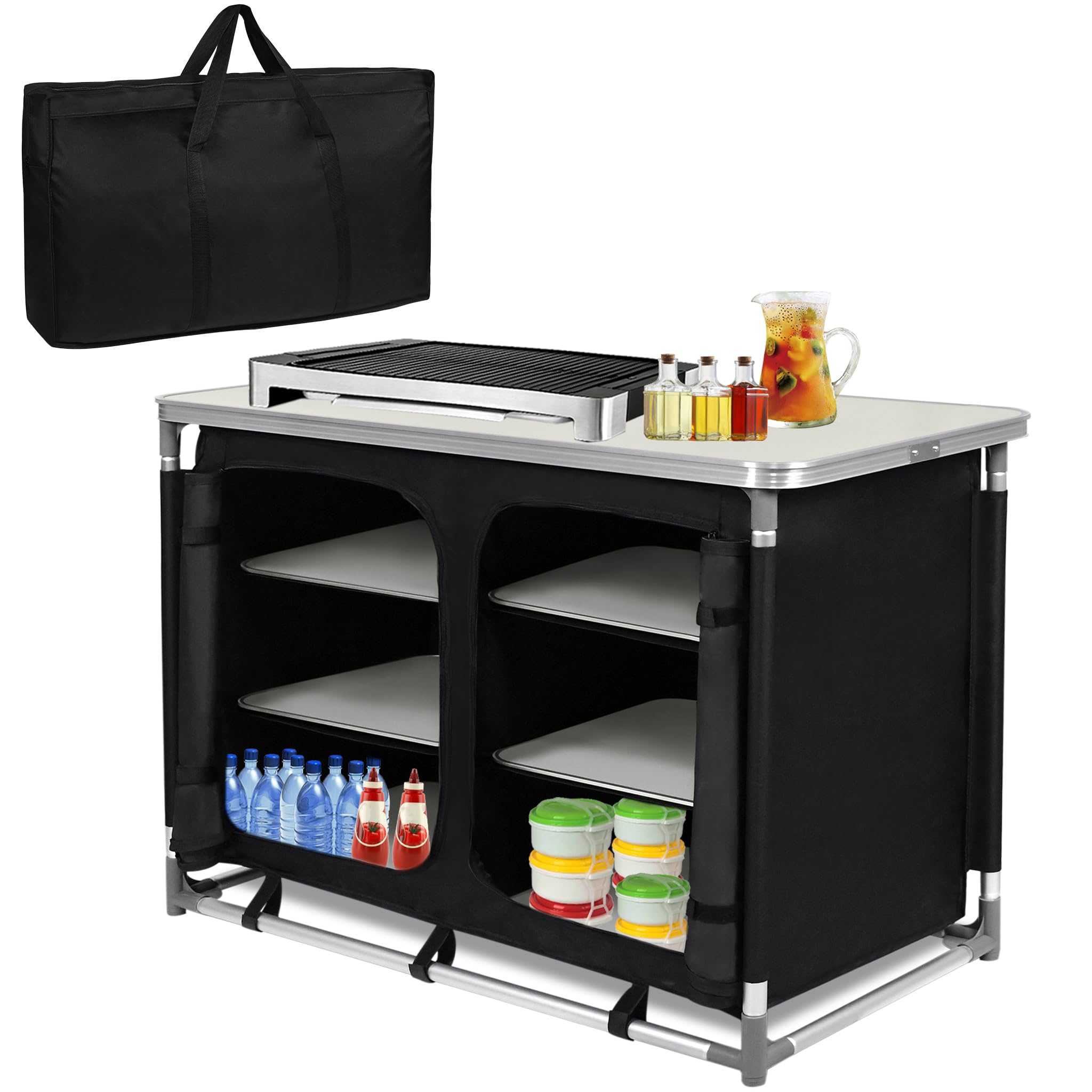 Campingschrank Faltbar Aluminium, Campingküche mit Tischaufsatz & Stauraum, Outdoor Reiseküche Küchenbox für Camping & Picknick