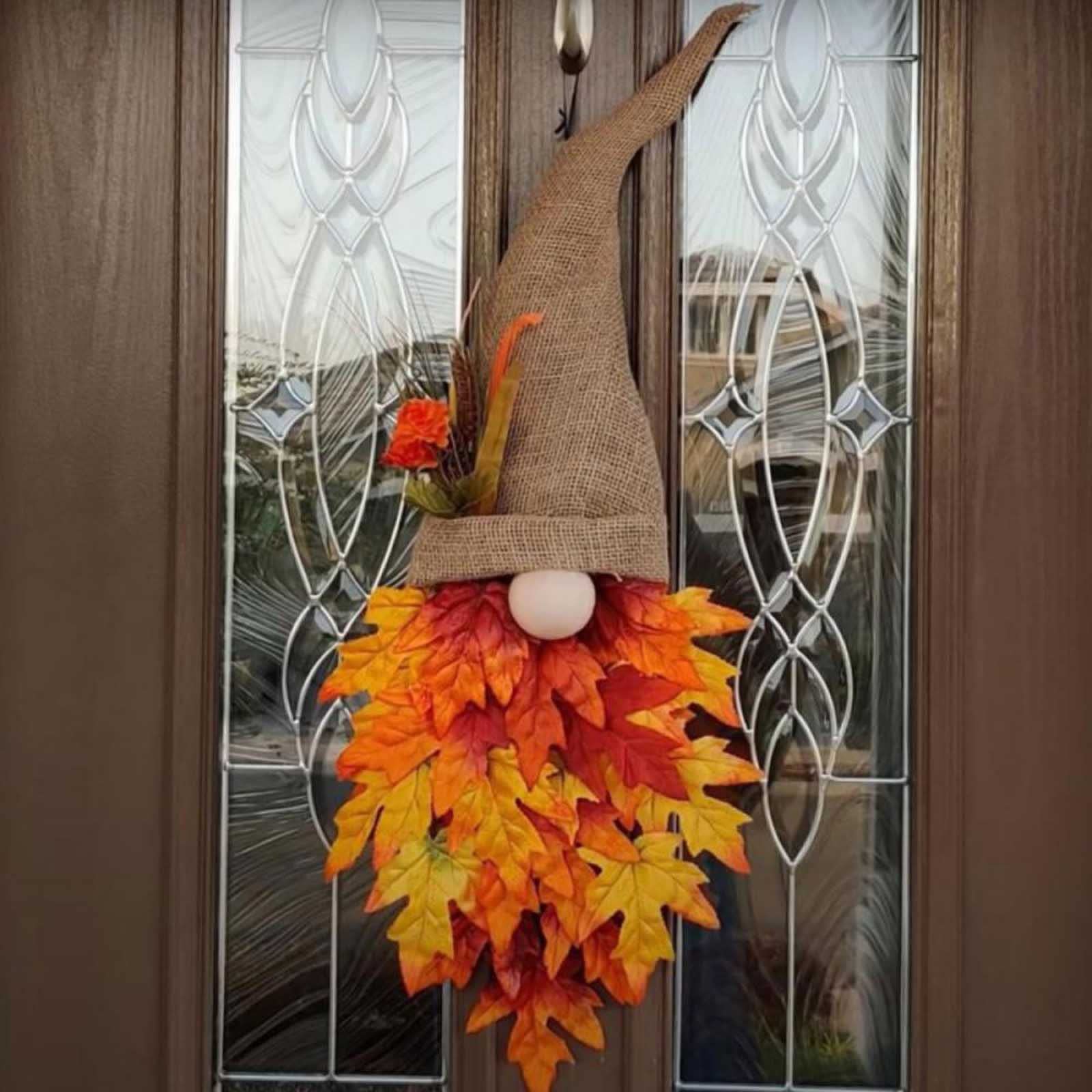 Generic Fall Wreath 15' Burlap with Gnomes, Artificial Maple Leaves Autumn Harvest Thanksgiving Decoration Home Indoor Outdoor