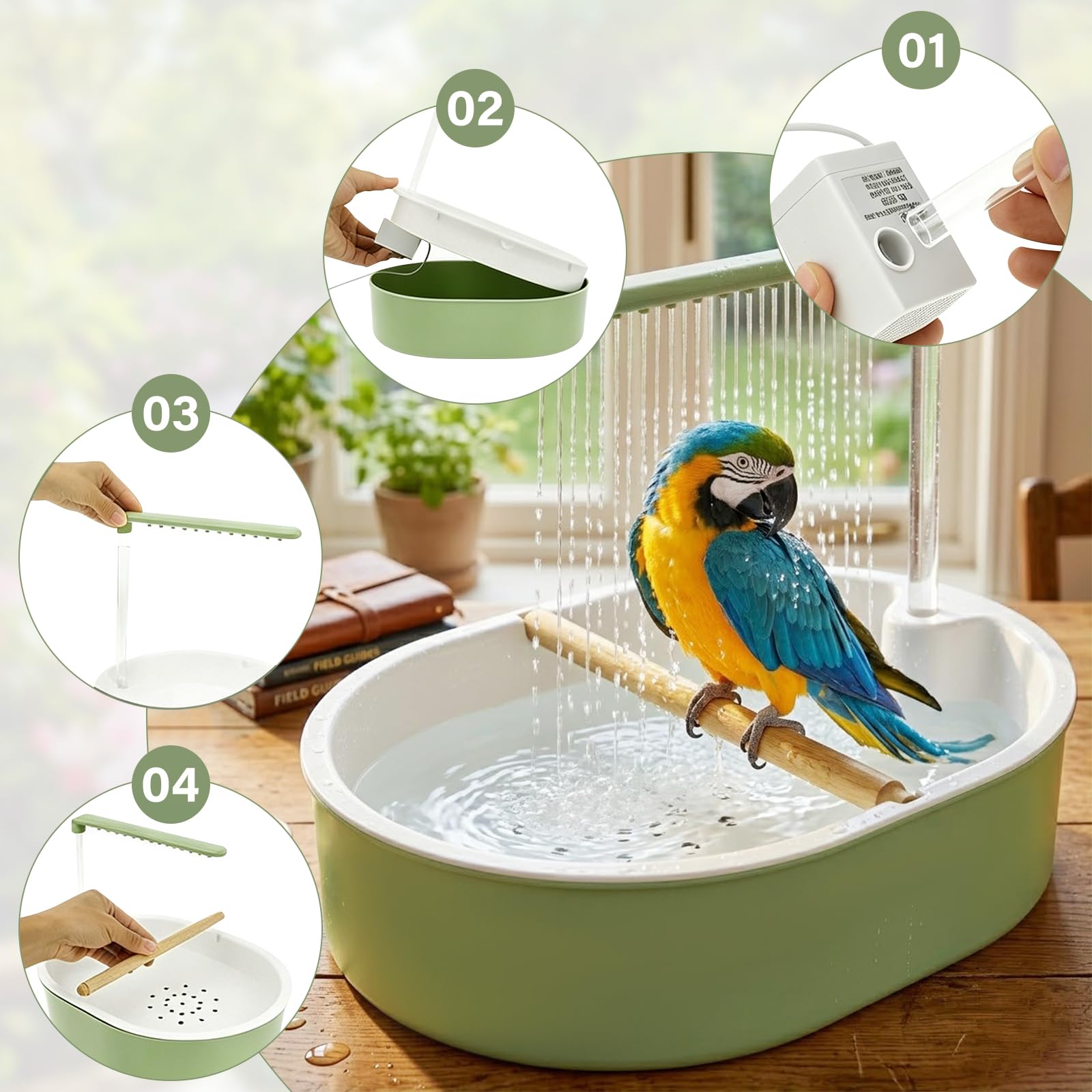 Baño automático para pájaros, ducha multifuncional para aves con sistema de circulación, ducha para periquitos, para pájaros pequeños, funcionamiento por USB, diversión en el baño para mascotas
