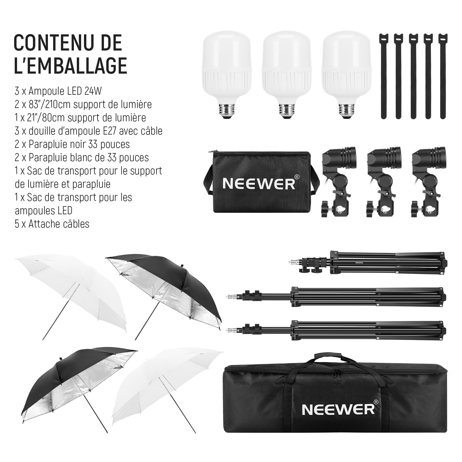 NEEWER Kit d'Éclairage pour la Photographie 600W, Équivalent Incandescent avec 2 Parapluie Blanc, 2 Parapluie Noir, 3 Ampoule LED 24W, 3 Support de lumière, 2 Sac, 5 Attache câbles, 3 Socle E27,NK500