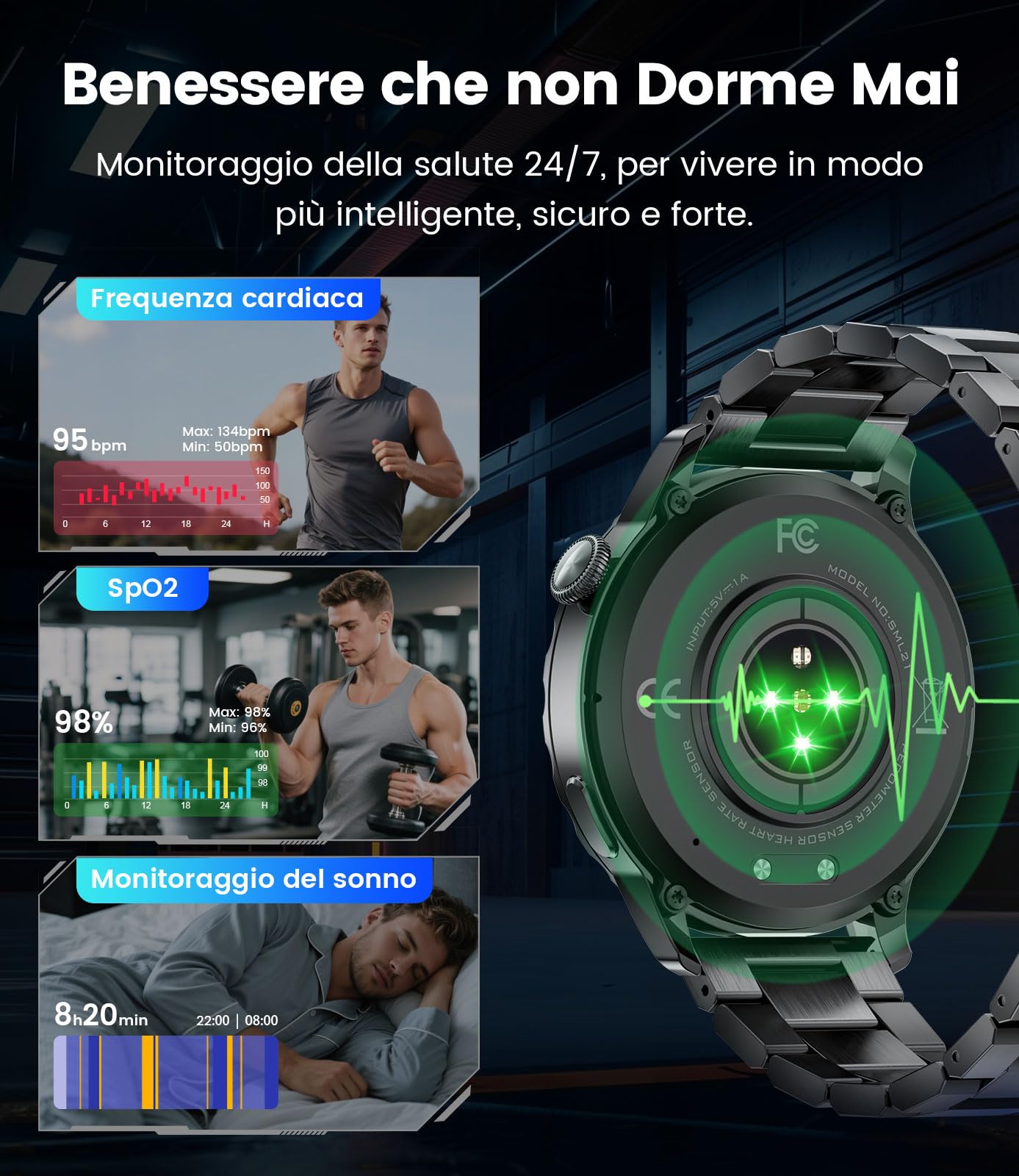 BENYAR SMART Smartwatch Uomo con Chiamata e Risposta, 1.43'' HD AMOLED Orologio Smartwatch Uomo, 750mAh Batteria, 100+ Modalità Sportive, Sonno Cardiofrequenzimetro Contapassi per Android iOS